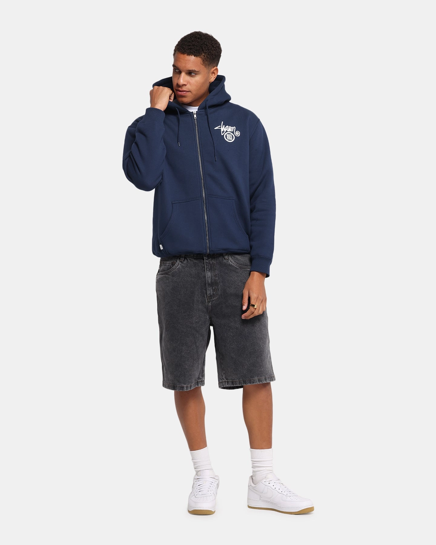 S Double Shawn Dot Zip Through Hoodie Washed Navy Snag Resistant Texture