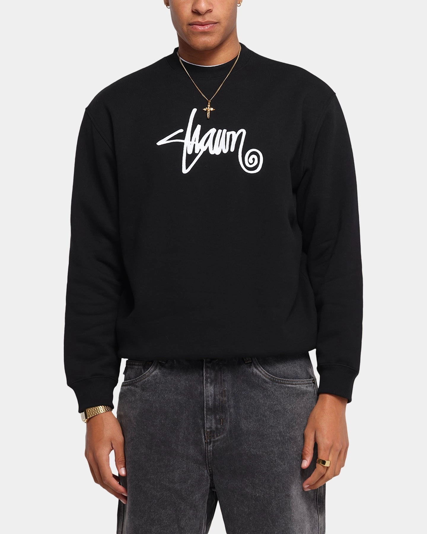 S Double Shawn Script Crewneck Black Packable Construction RibbedKnitCollar