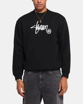 S Double Shawn Script Crewneck Black Packable Construction RibbedKnitCollar