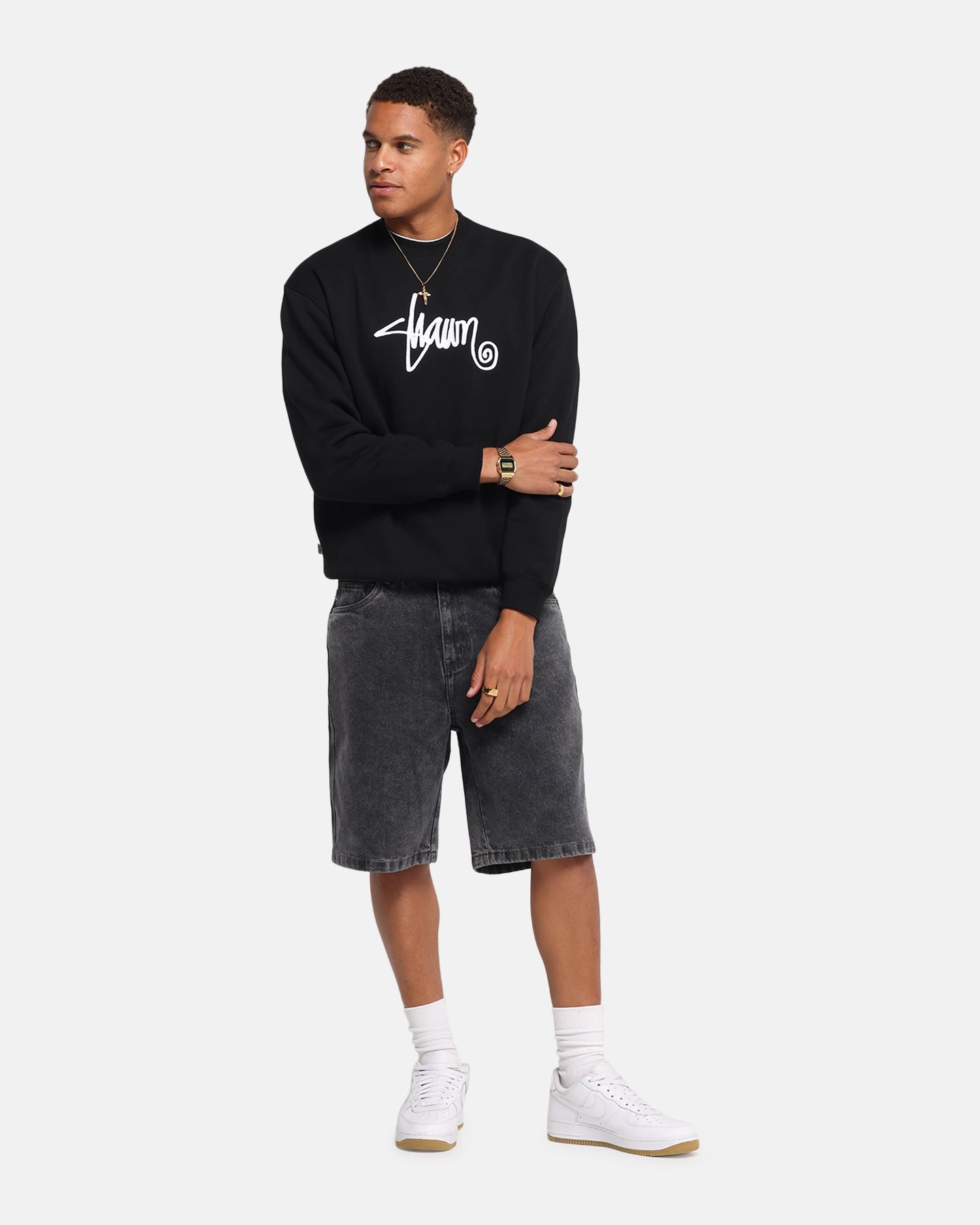 S Double Shawn Script Crewneck Black Lightweight Waterproof Jacket Aramid Fiber Blend
