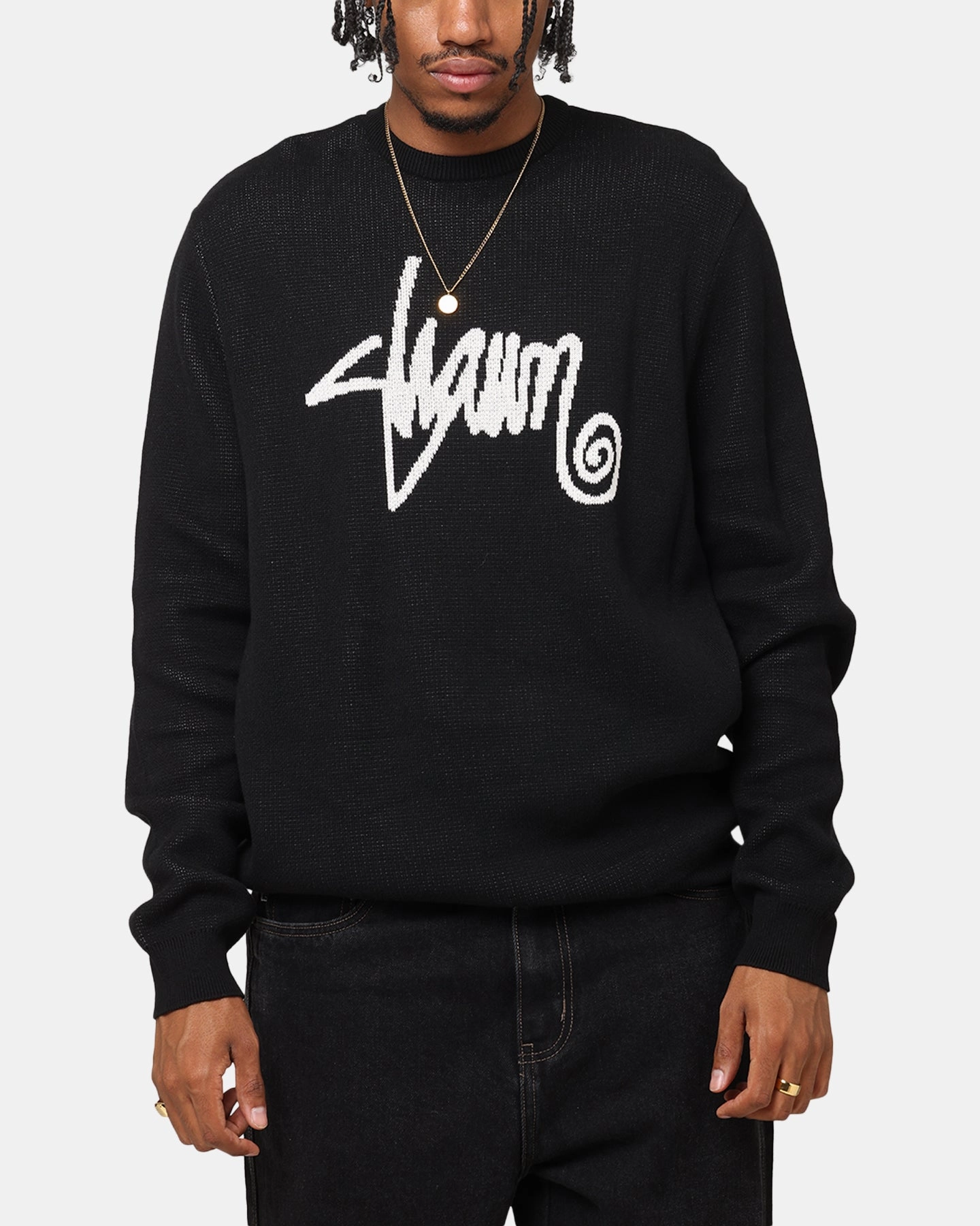 Zippered Pockets S Double Shawn Script Sweater Black