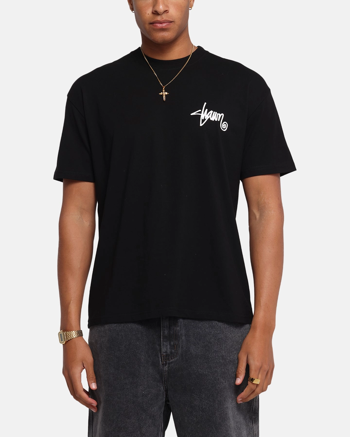 Boat neck style Smooth Jersey Texture S Double Shawn Script T-Shirt Black
