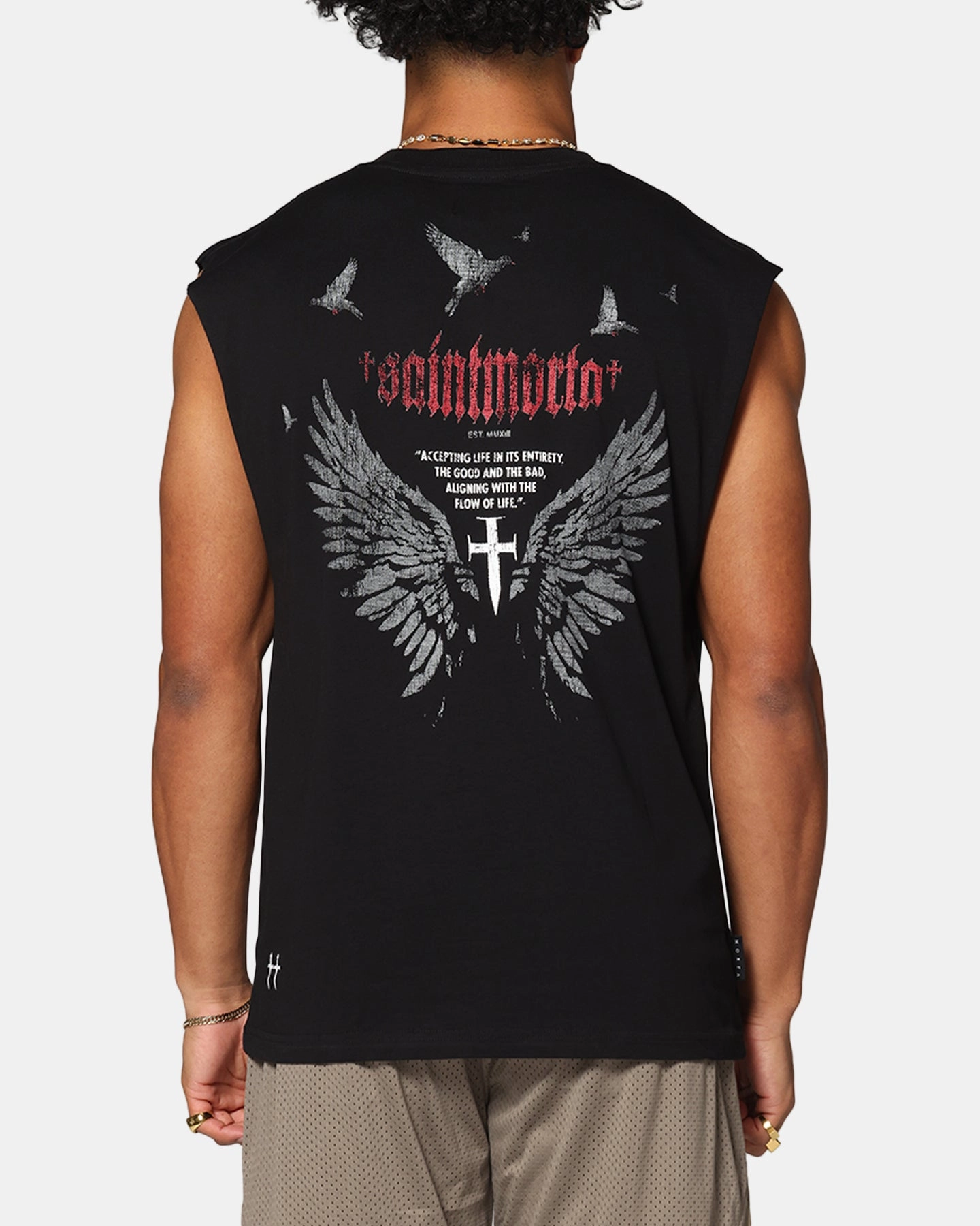TearResistant Fabric Sustainable Material Blend Saint Morta Amorfati Oversized Muscle T-Shirt Black