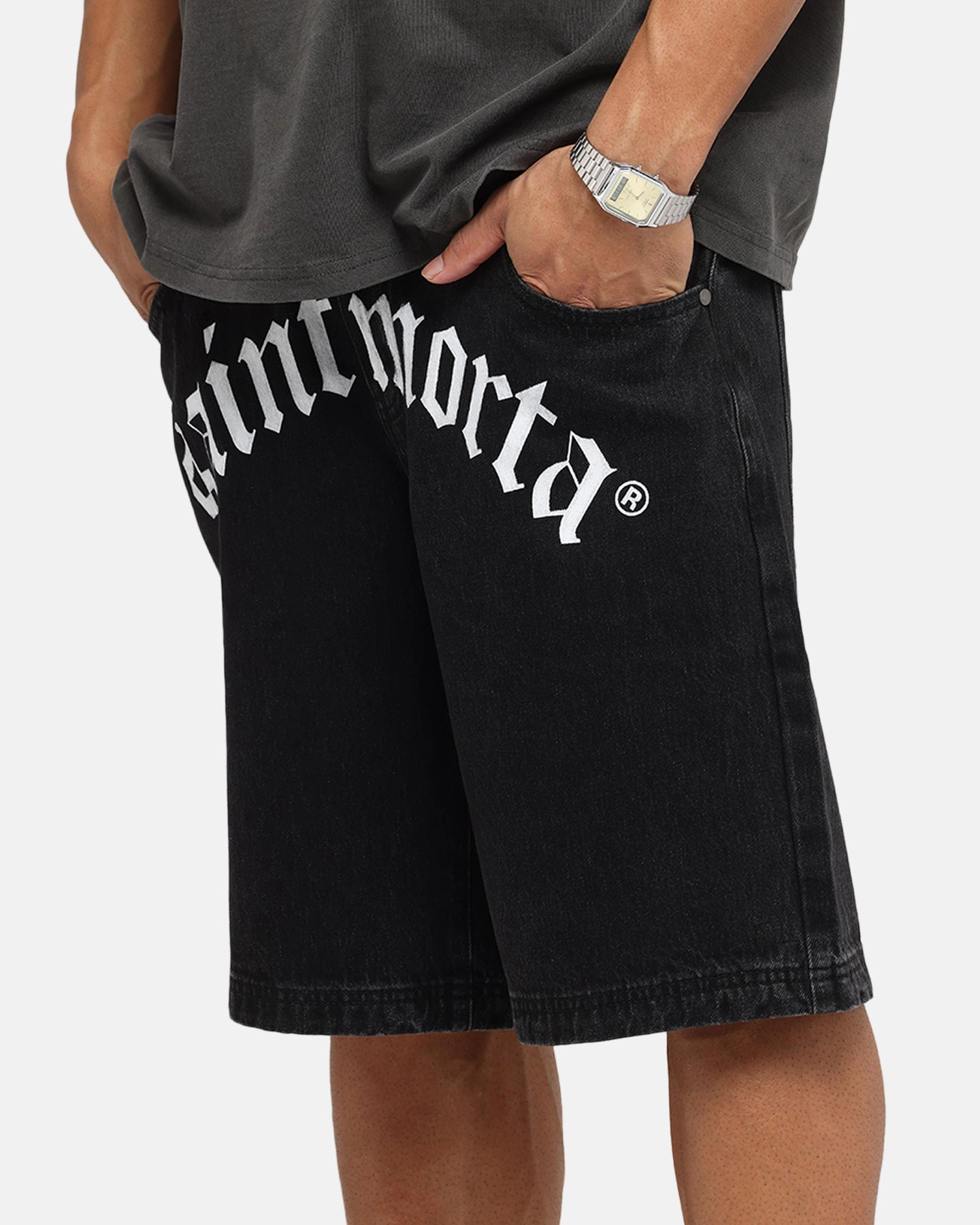 light texture Saint Morta Amplus Gothic Denim Jort Shorts Black Shadow
