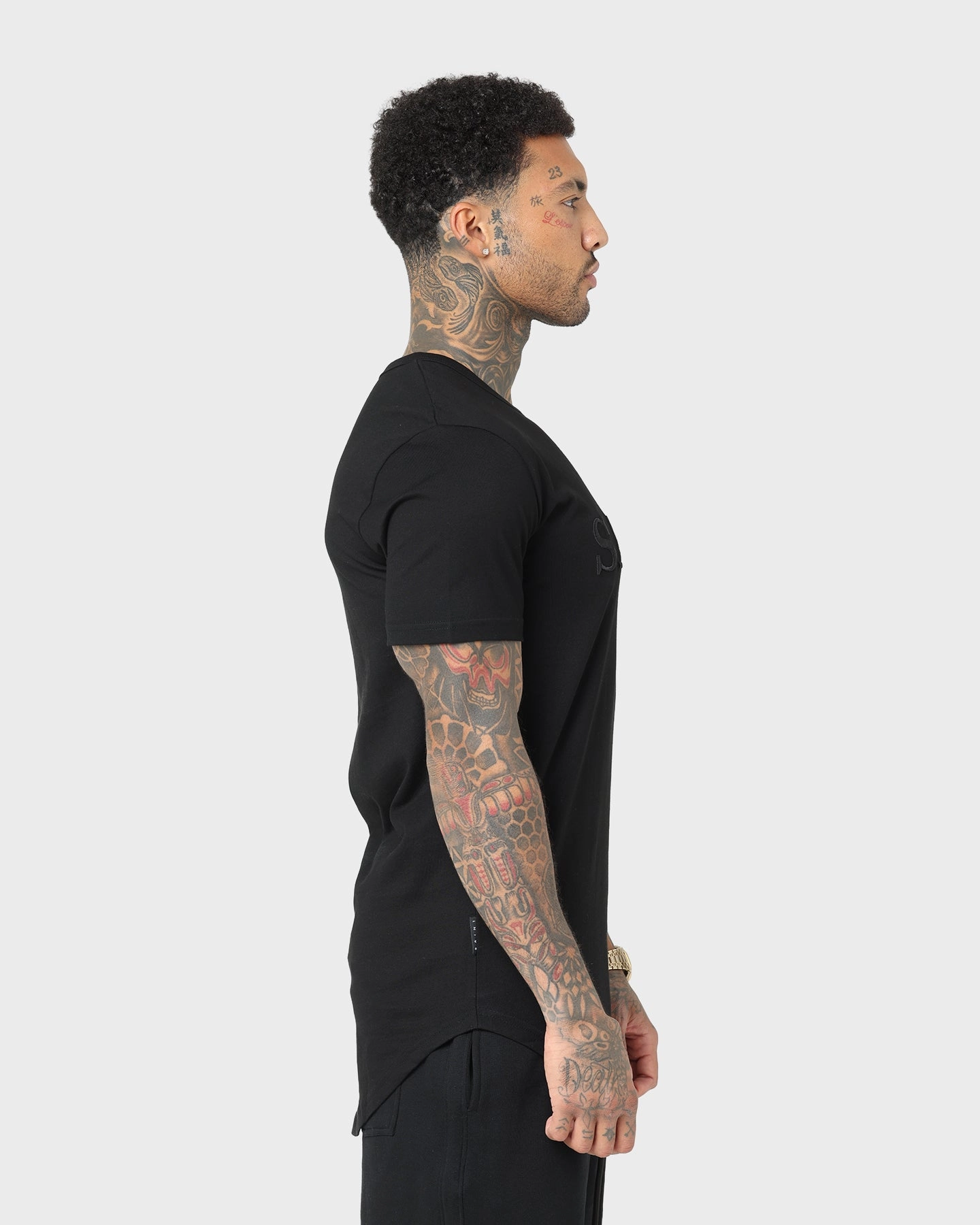 Curved Hemline Ribbed Collar Trim Saint Morta Annex El Duplo Short Sleeve T-Shirt Black