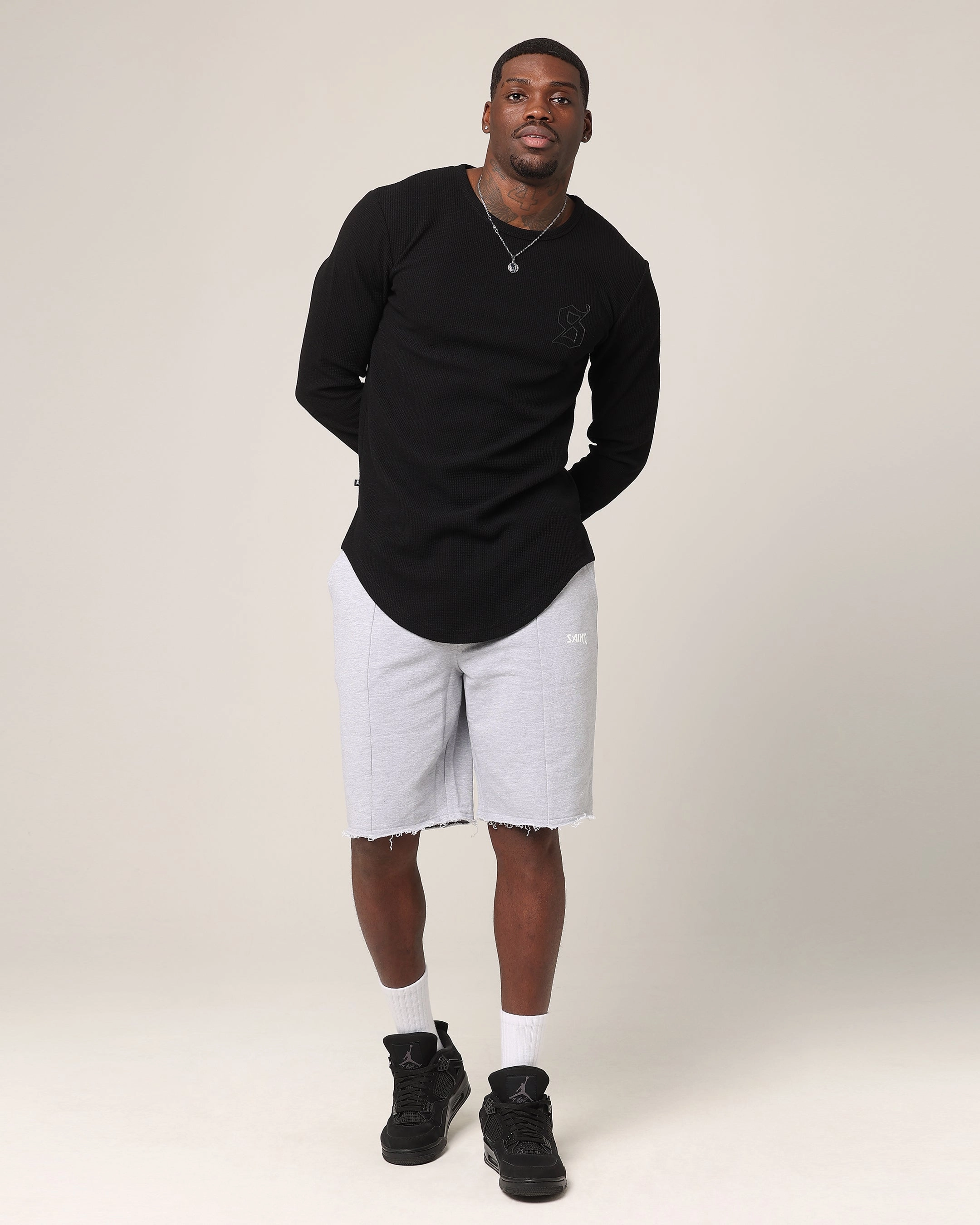 Saint Morta Baggy 90's Sweat Shorts Light Grey Marl Reinforced Hemlines