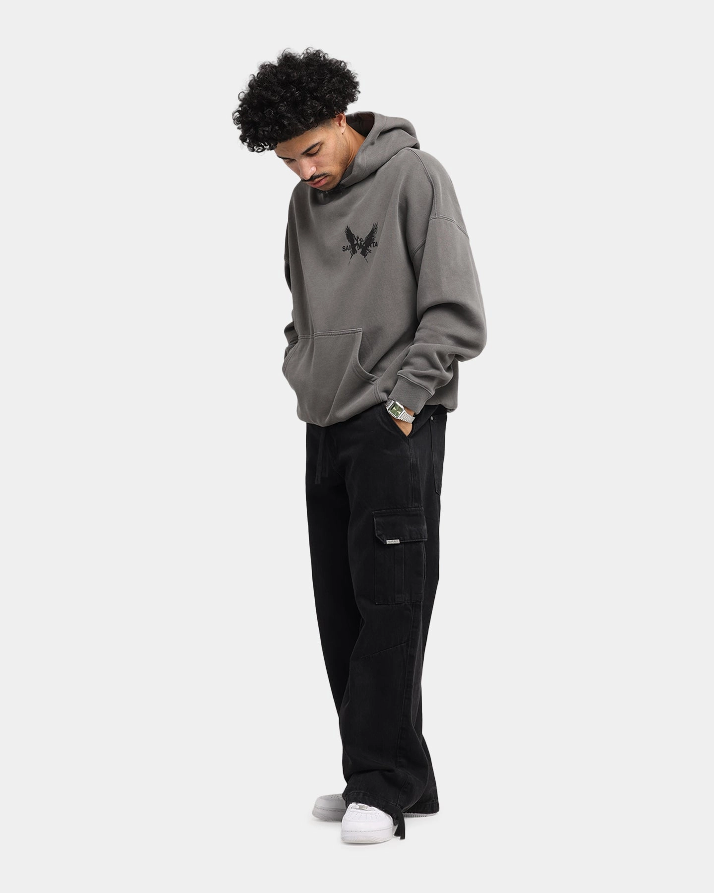 Breathable mesh inserts Saint Morta Black Doves Boxy Hoodie Washed Charcoal
