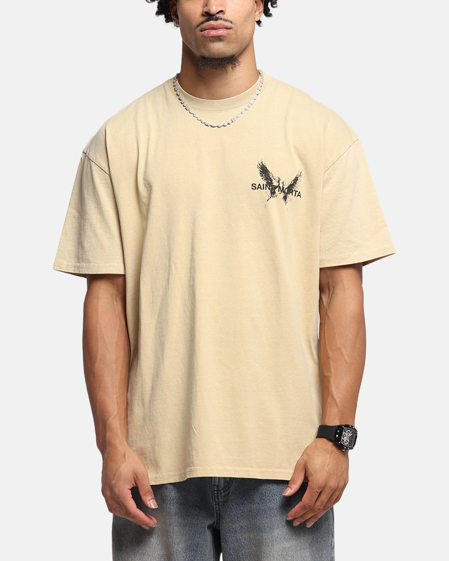 Saint Morta Black Doves Boxy T-Shirt Stone Bohemian Fashion Layering