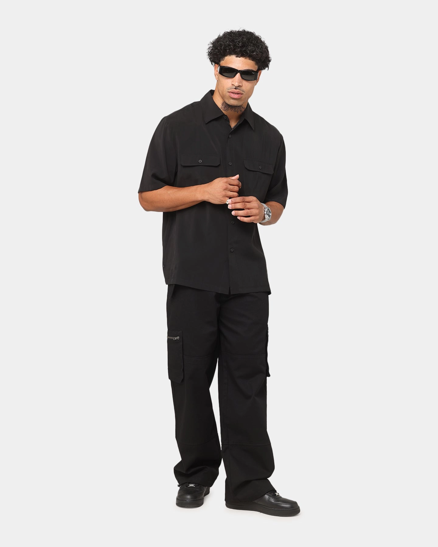 Twill Weave Saint Morta Cargo Button Up Shirt Black
