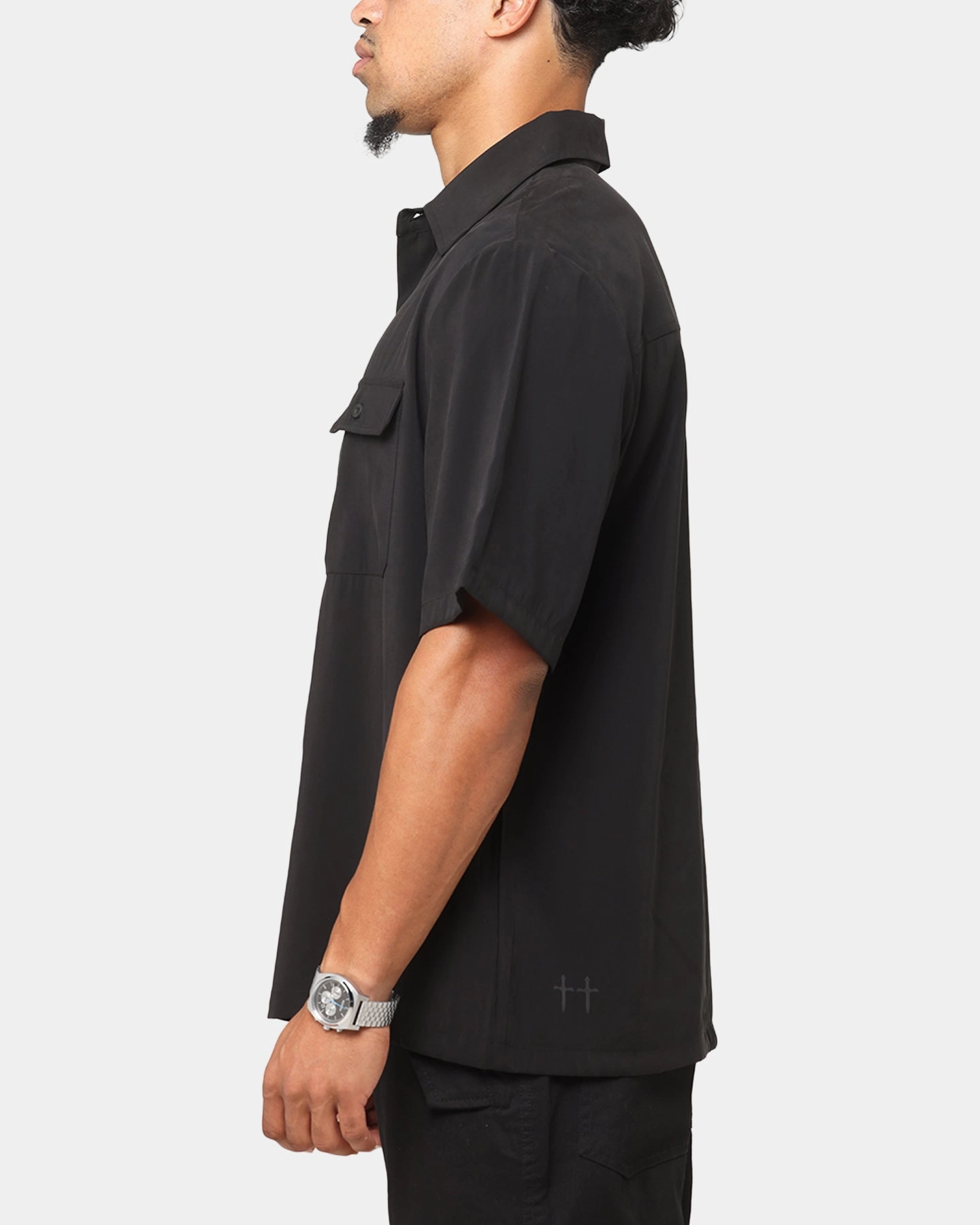 Saint Morta Cargo Button Up Shirt Black Structured Collar Monochrome Style