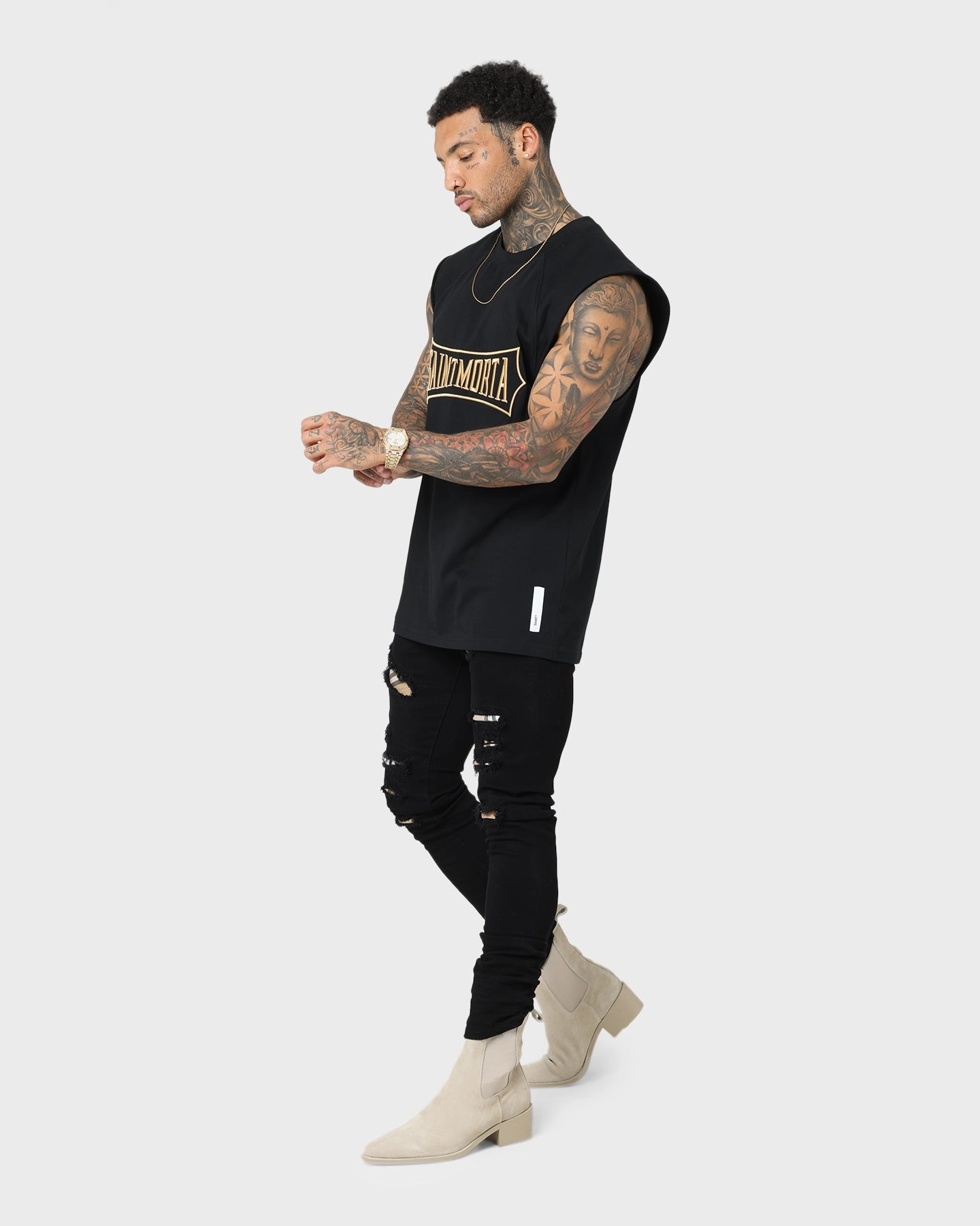 Travel Wear Simple Style Saint Morta Ceremony Raglan Muscle T-Shirt Black/Gold