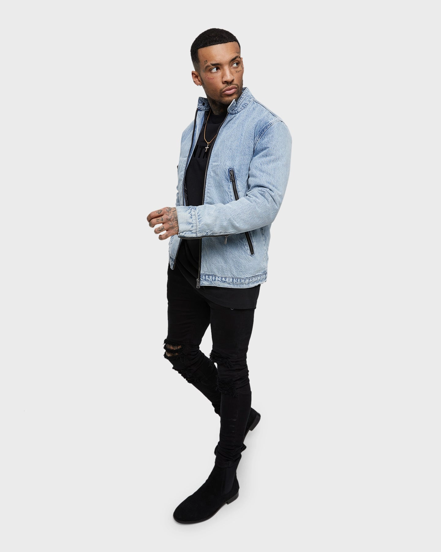 Polyester Hazard Saint Morta Cremallera Denim Jacket Bleach Blue