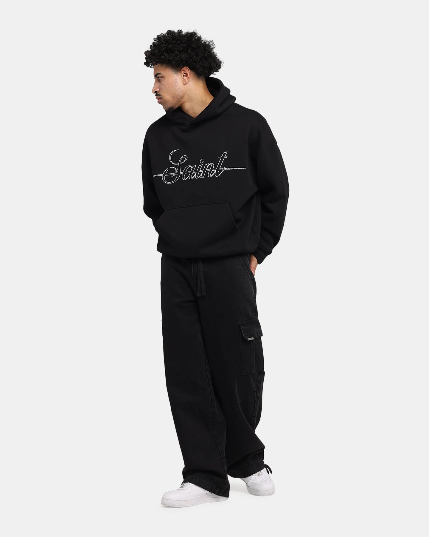 Saint Morta Cursive Boxy Hoodie Black Anti Odor Technology