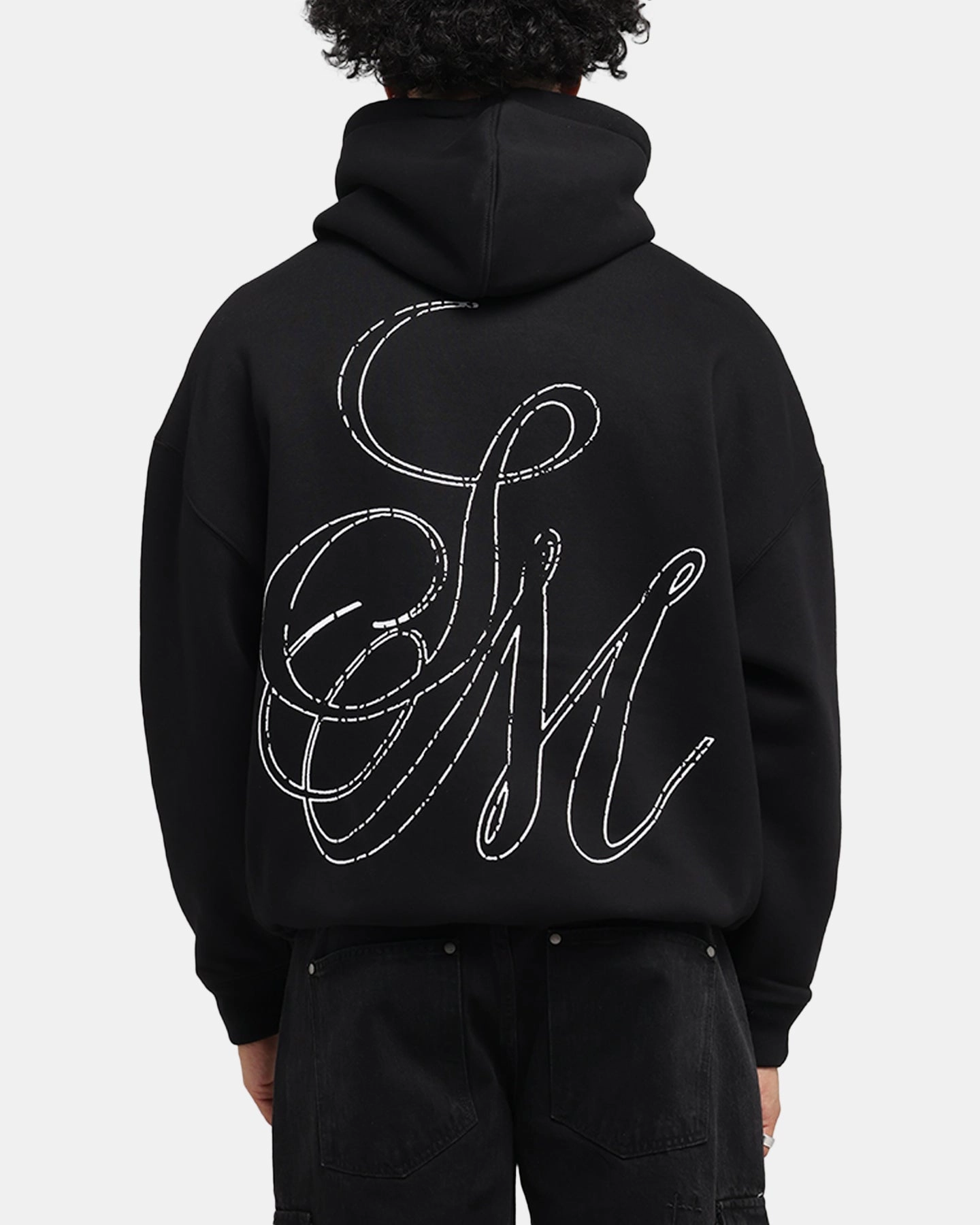 Saint Morta Cursive Boxy Hoodie Black Light Cool Cross Back Ventilation Design