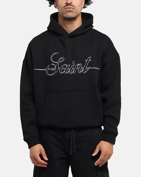 Layered Hem Saint Morta Cursive Boxy Hoodie Black