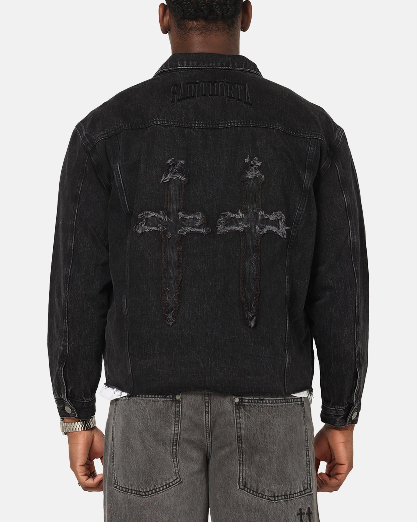 Applaud Saint Morta Daggers Cutoff Denim Jacket Vintage Black