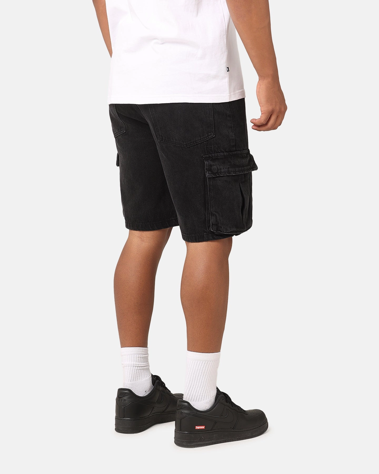 Saint Morta Denim Cargo Shorts Washed Black Flexible Waistband