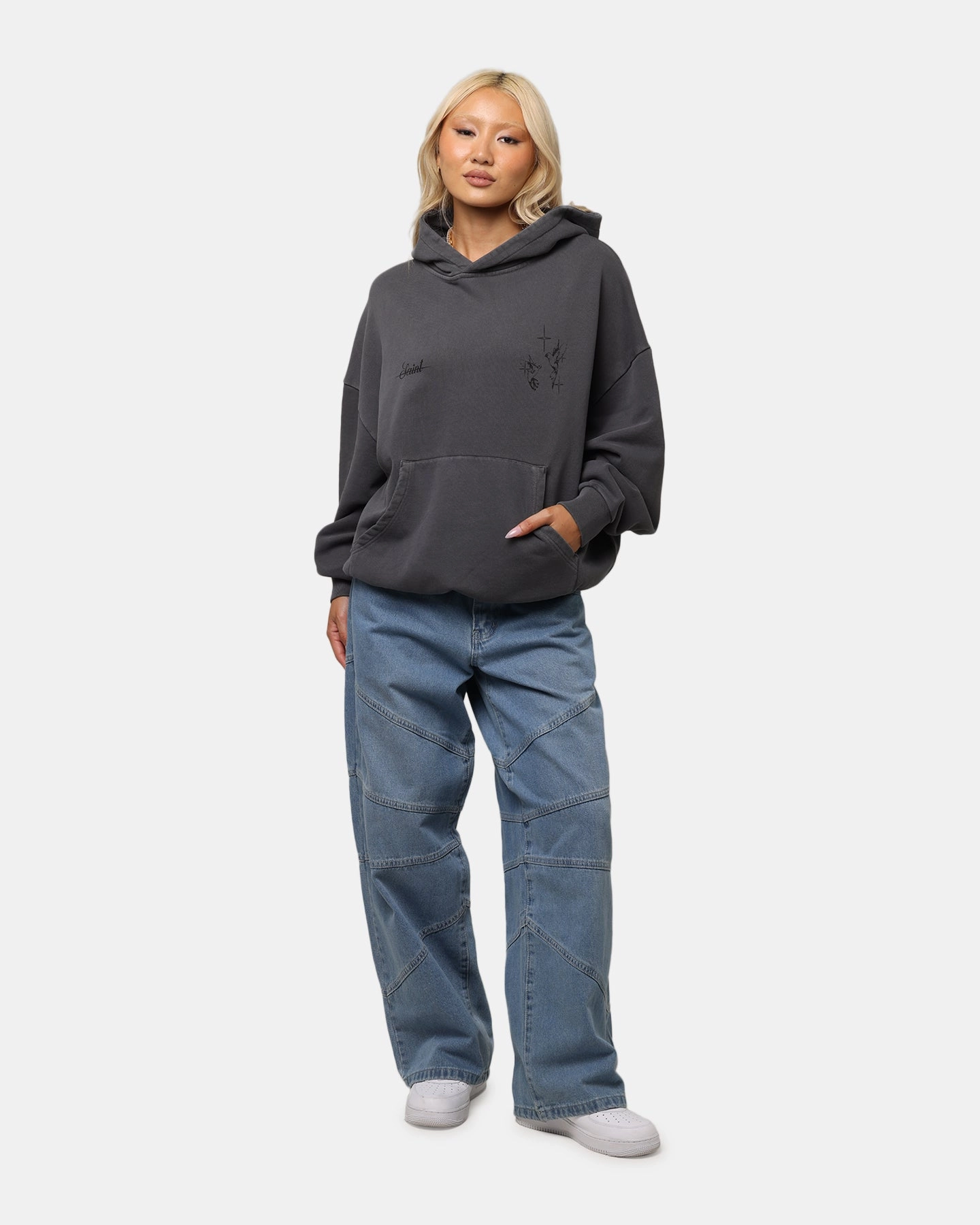 Saint Morta Destiny Rising Boxy Hoodie Washed Black Seamless construction