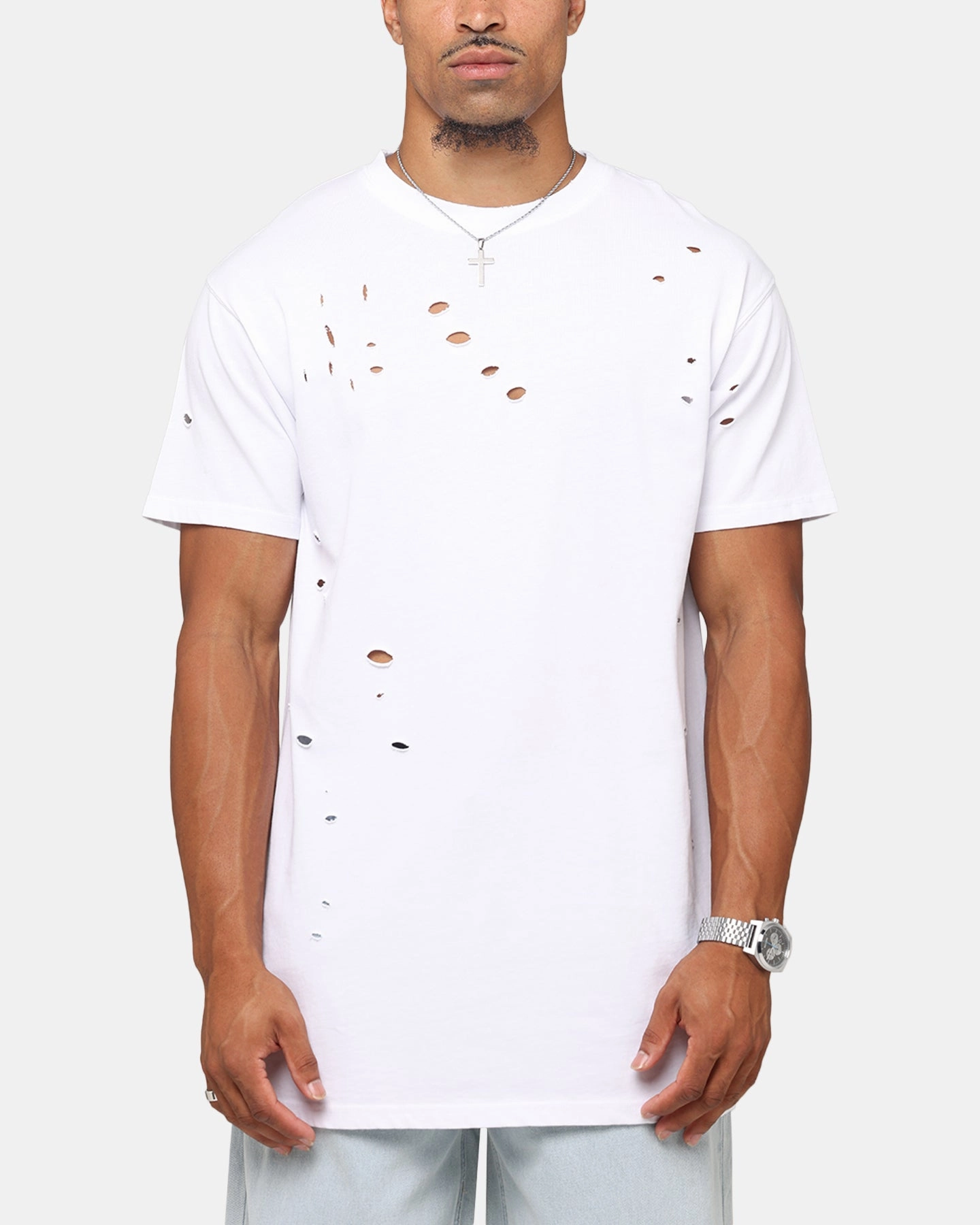 Premium Cotton Compact Stitch Pattern Saint Morta Distressed Lafayette T-Shirt White