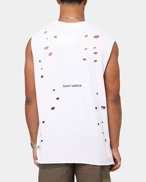 Saint Morta Distressed Oversized Muscle T-Shirt White Adjustable Hem Thermal Regulation Layer