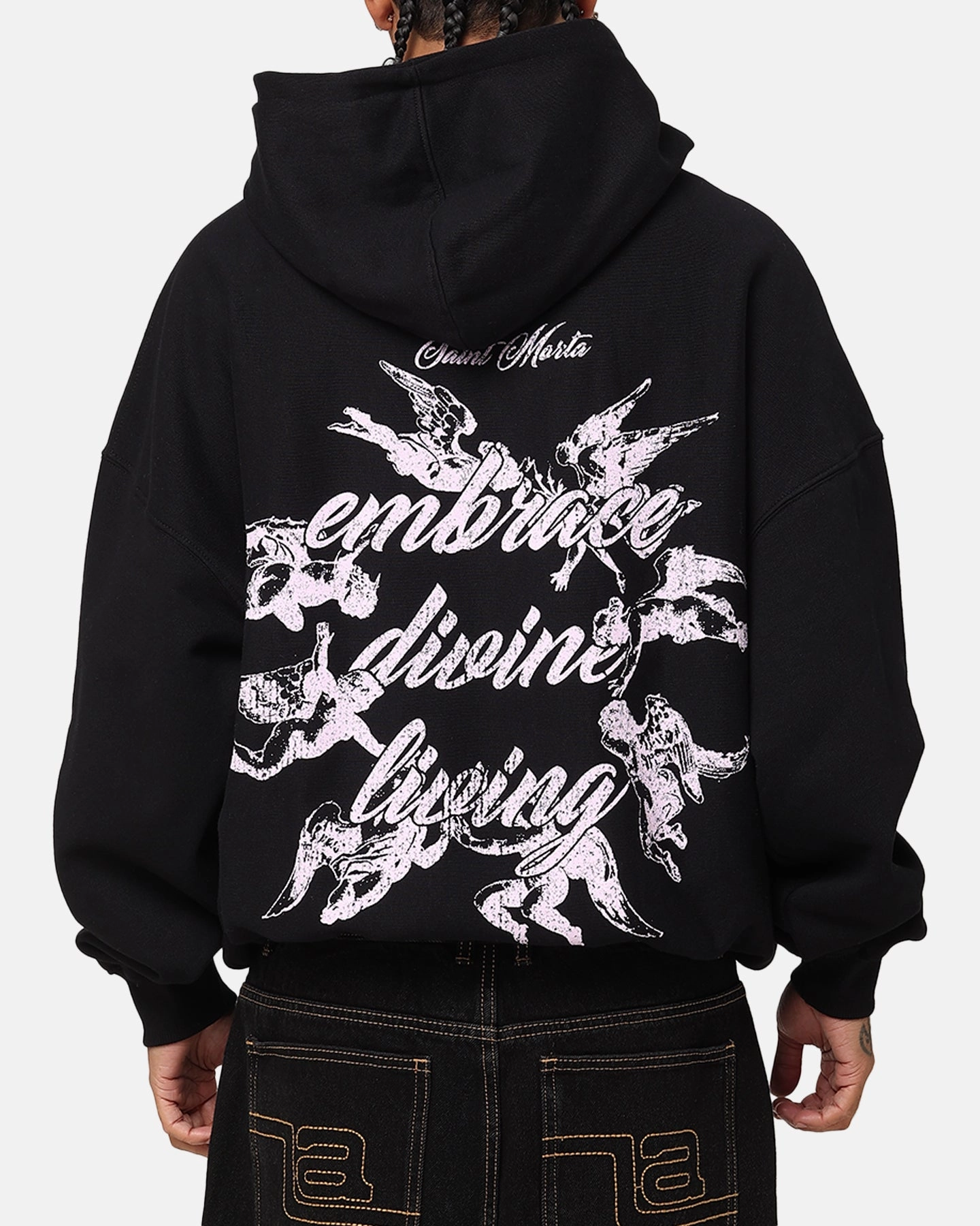 Saint Morta Divine Living Hoodie Black petite size popular among fashionistas