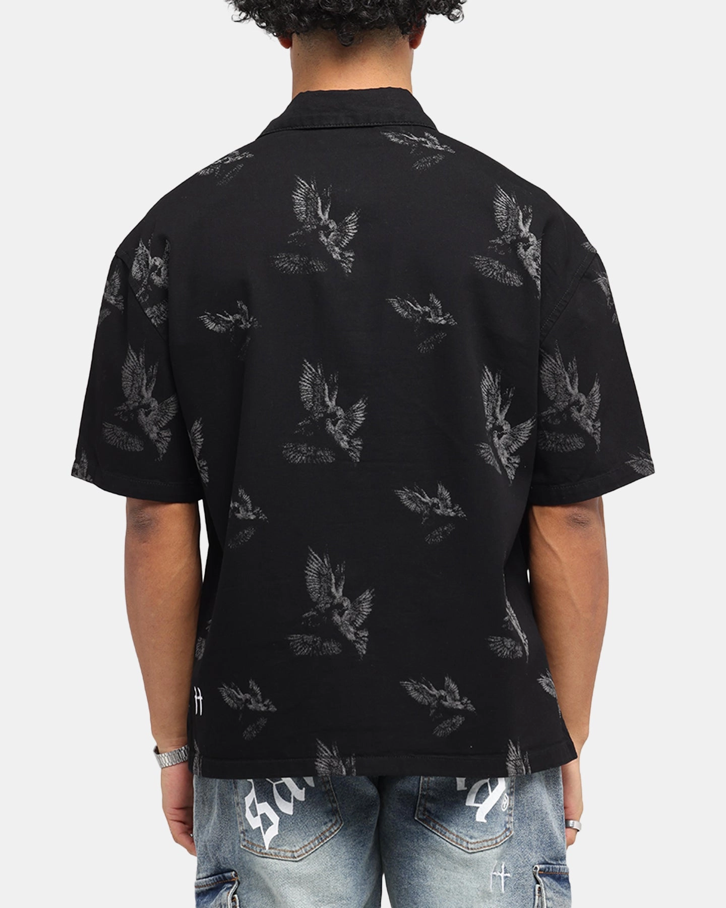 Personalized Touch Saint Morta Doves Boxy Denim Button Up Shirt Black