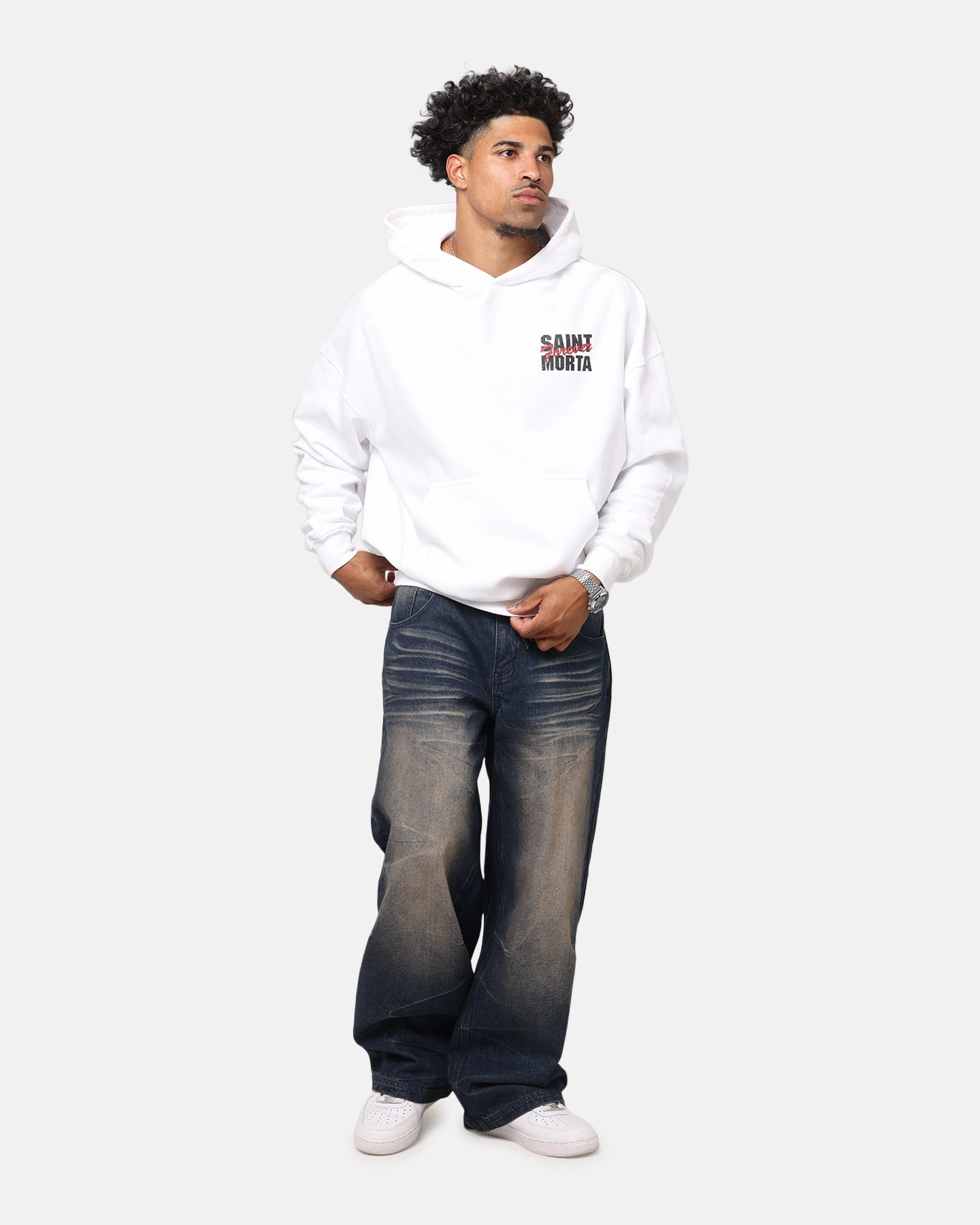 Saint Morta Forever Boxy Hoodie White Minimal Smooth Tele - operated