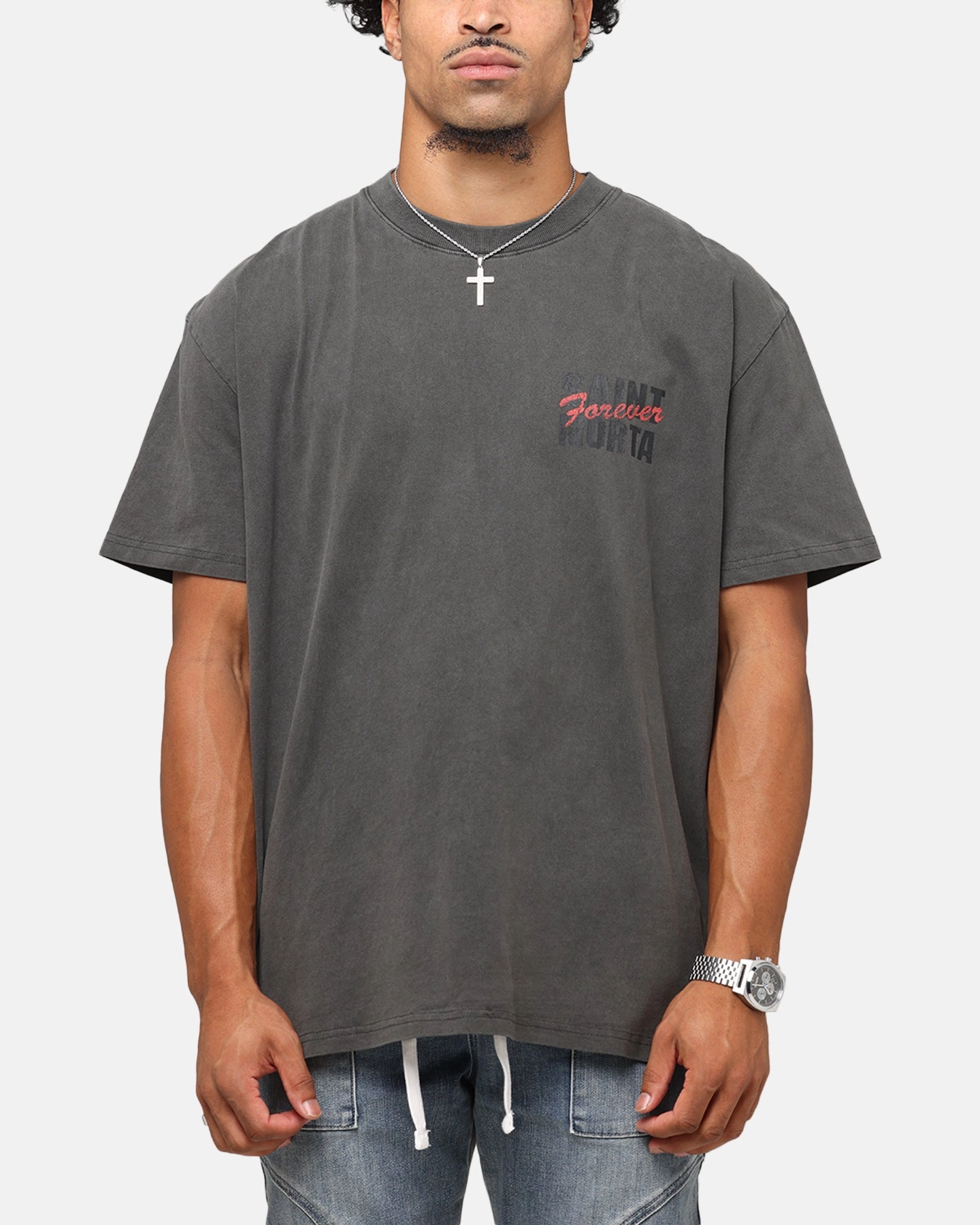 Perfectly Fit Stylish Design Saint Morta Forever Boxy T-Shirt Black Wash