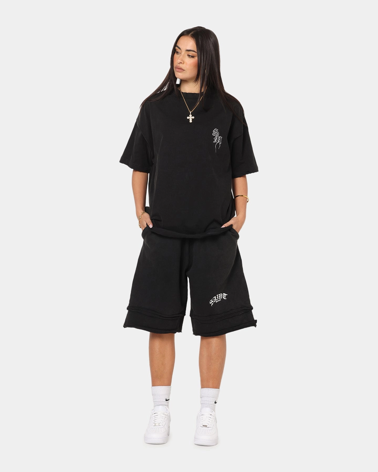 Street Style UV Protective Fabric Saint Morta Fray Boxy T-Shirt Vintage Black