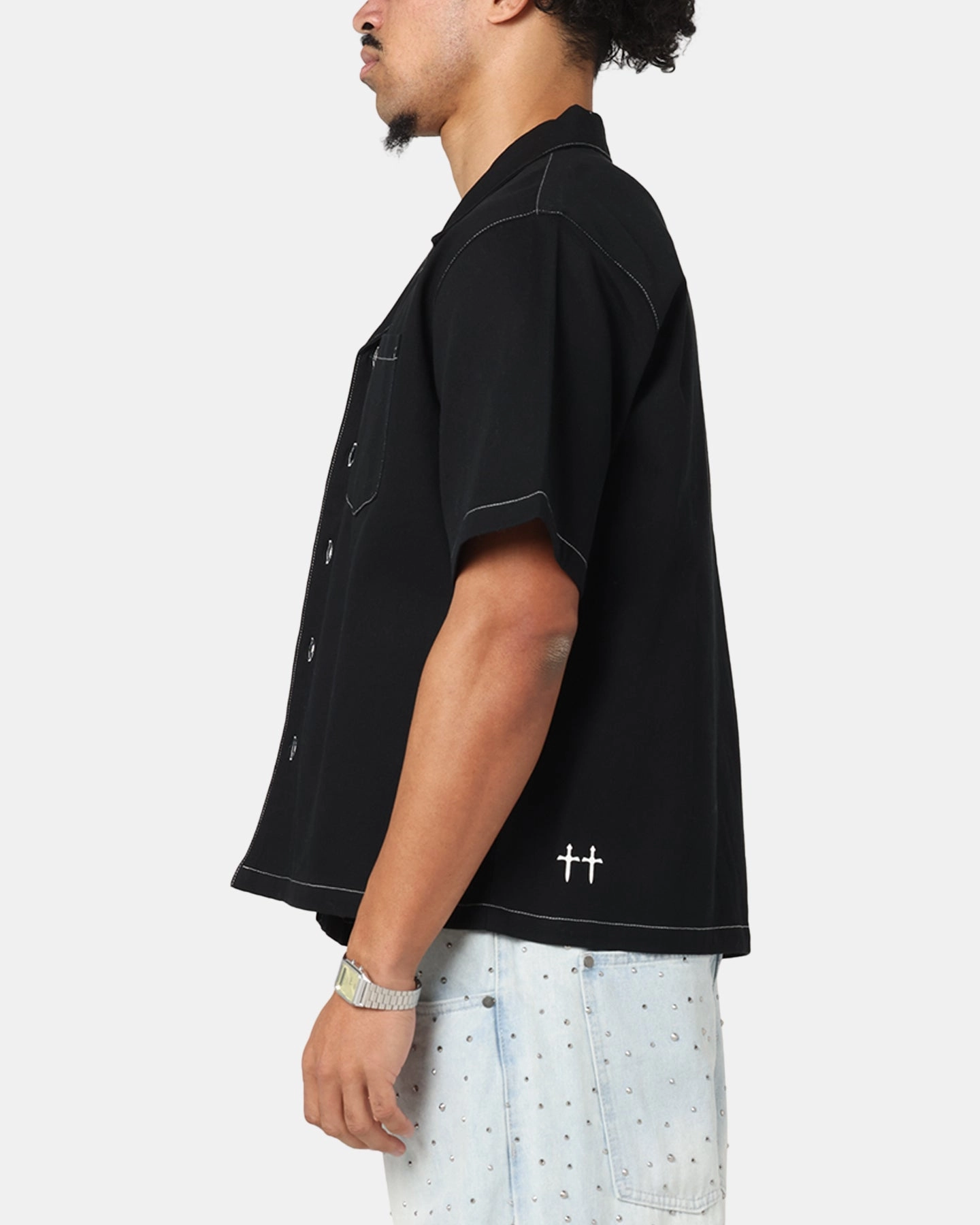 Saint Morta Fray Contrast Button Up Shirt Contrast Black Easy Care