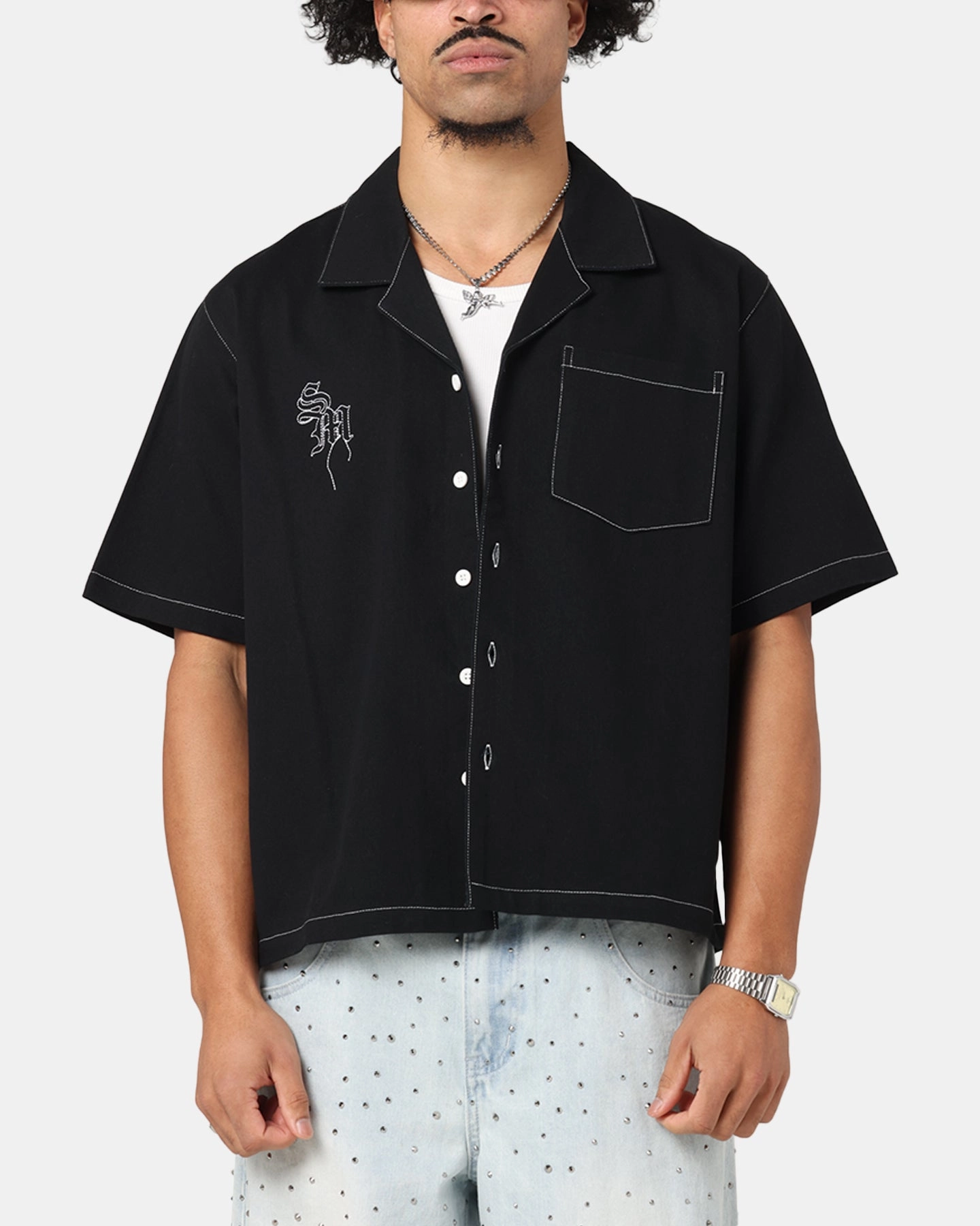 Textured Finish Student Essential Saint Morta Fray Contrast Button Up Shirt Contrast Black