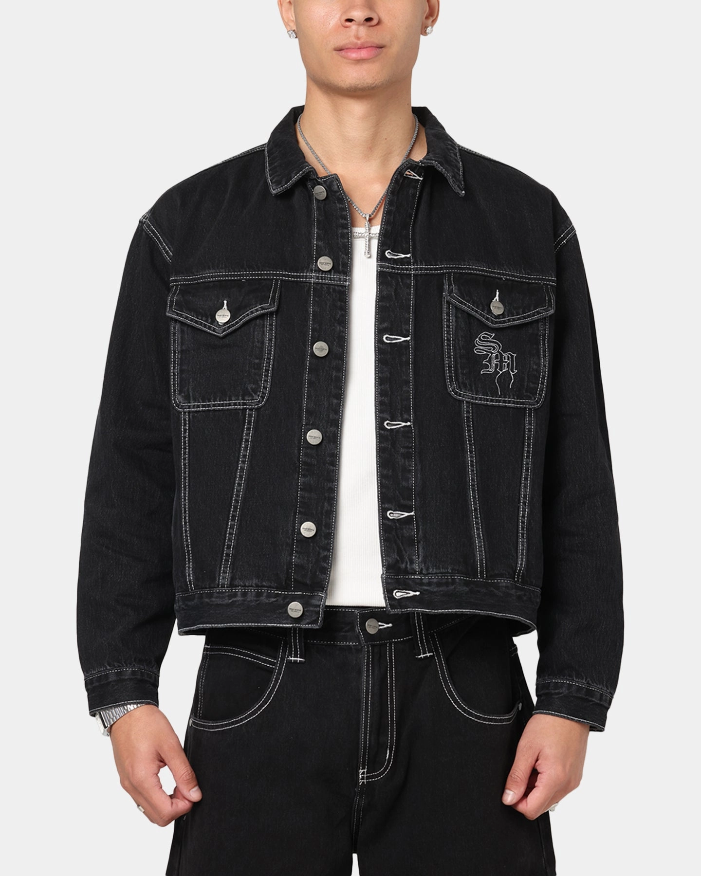 Taped Edges Finance Saint Morta Fray Trucker Denim Jacket Contrast Black