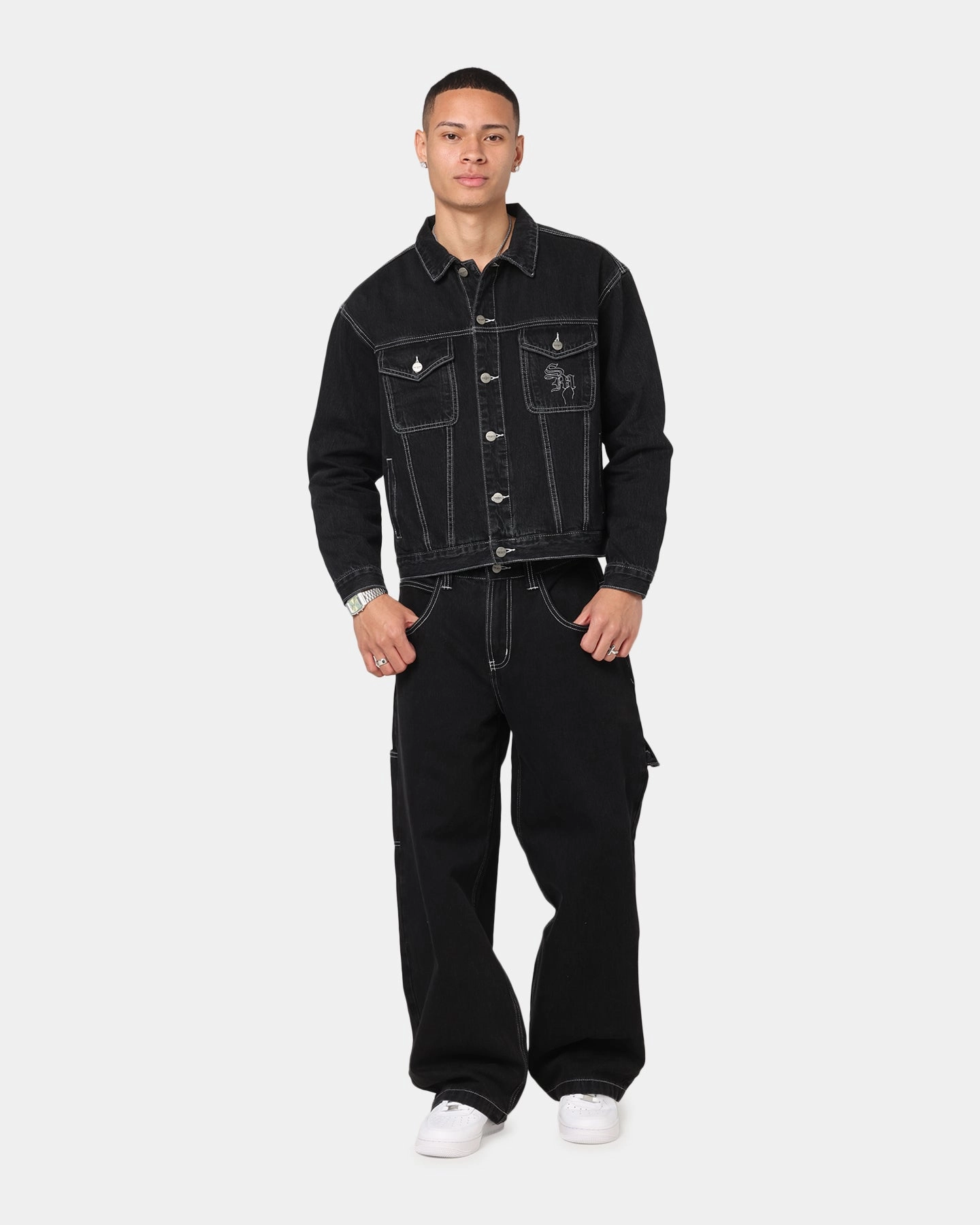 Saint Morta Fray Trucker Denim Jacket Contrast Black Minimal Utility