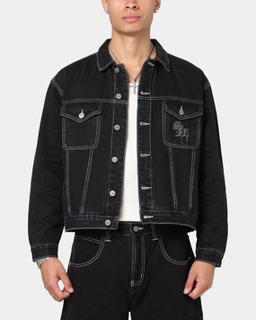 Taped Edges Finance Saint Morta Fray Trucker Denim Jacket Contrast Black