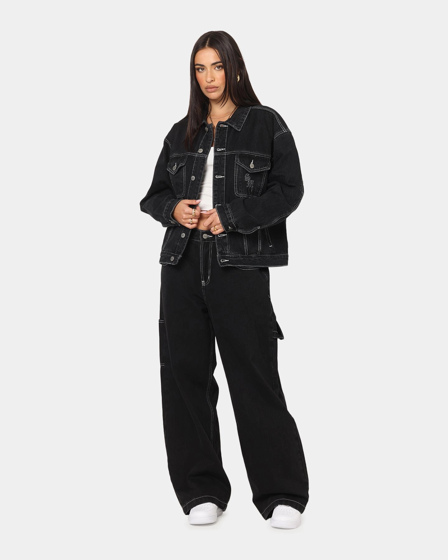 Saint Morta Fray Trucker Denim Jacket Contrast Black Heavy Duty Zippers