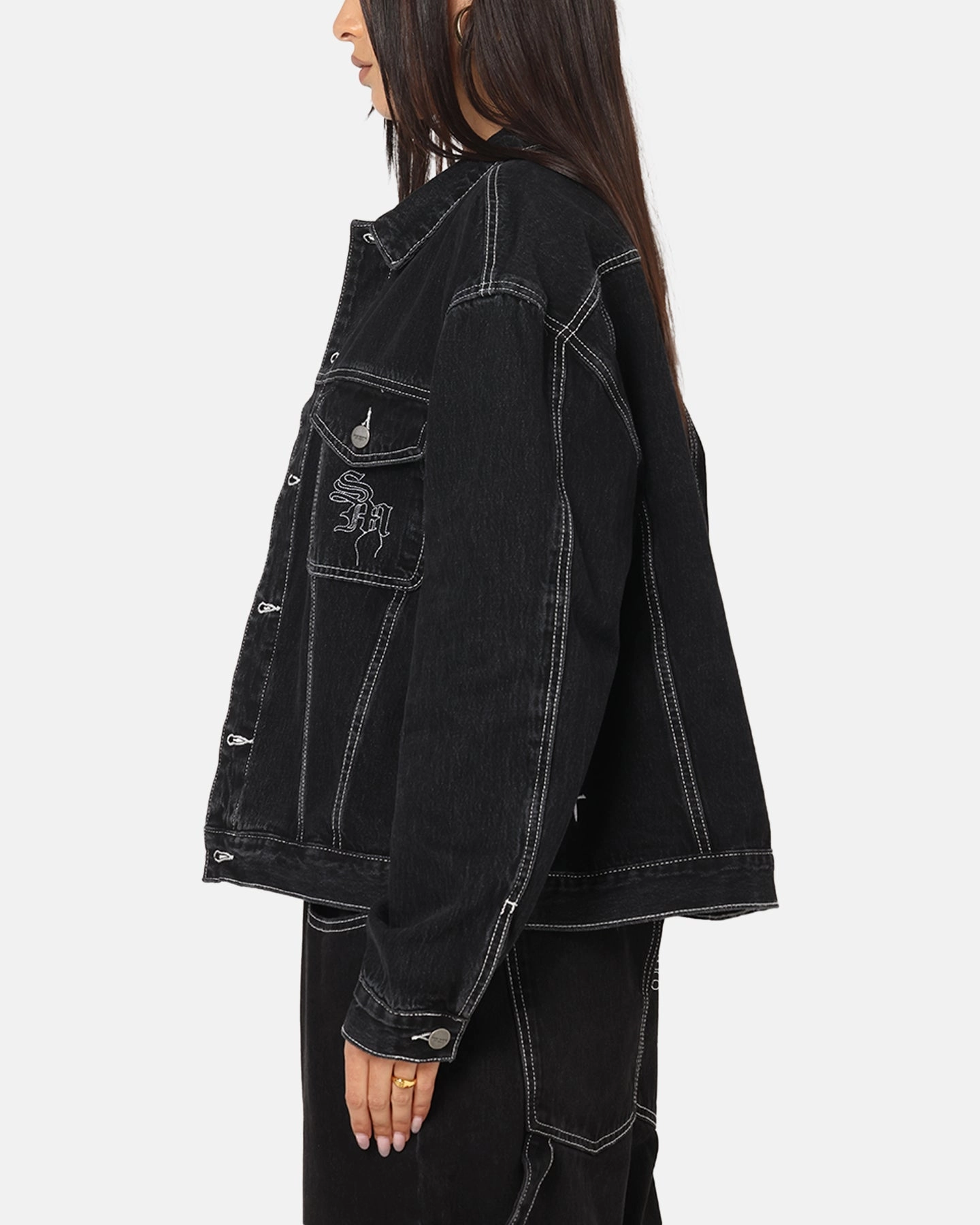 Saint Morta Fray Trucker Denim Jacket Contrast Black Weatherproof Shell