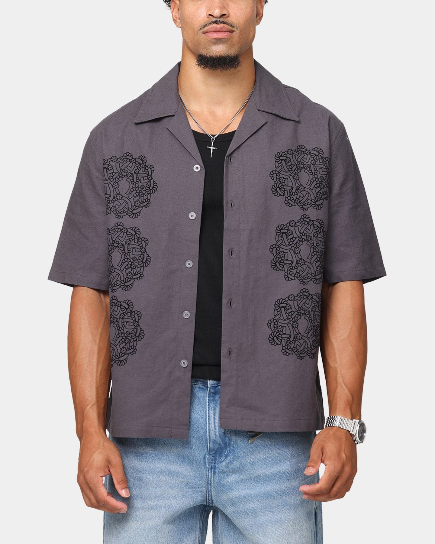 Soft Touch Fabric Saint Morta Gardenia Button Up Shirt Black Shadow