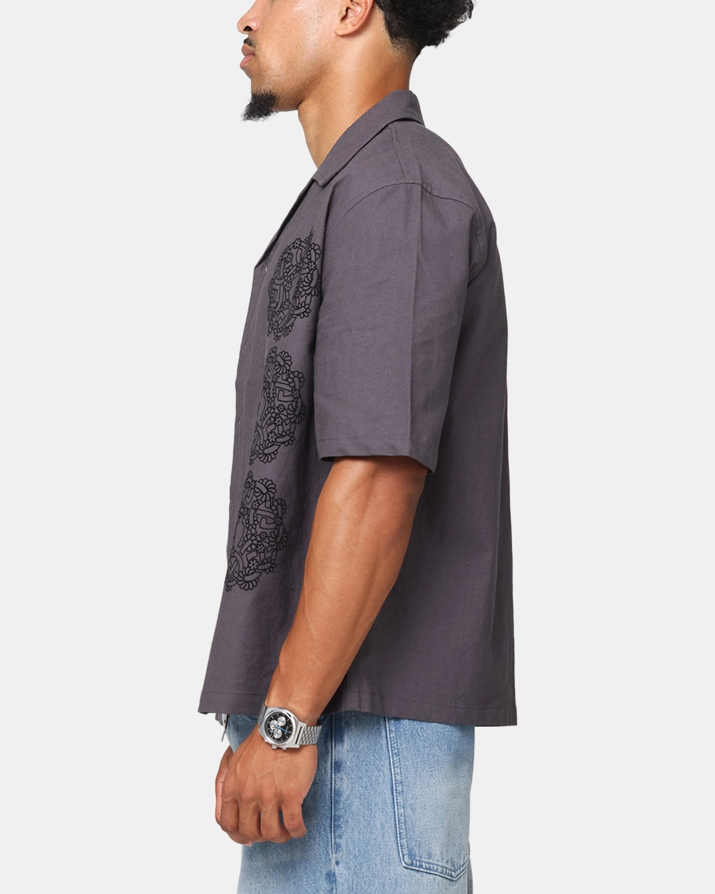 Roll-Up Sleeve Printed Pattern Saint Morta Gardenia Button Up Shirt Black Shadow
