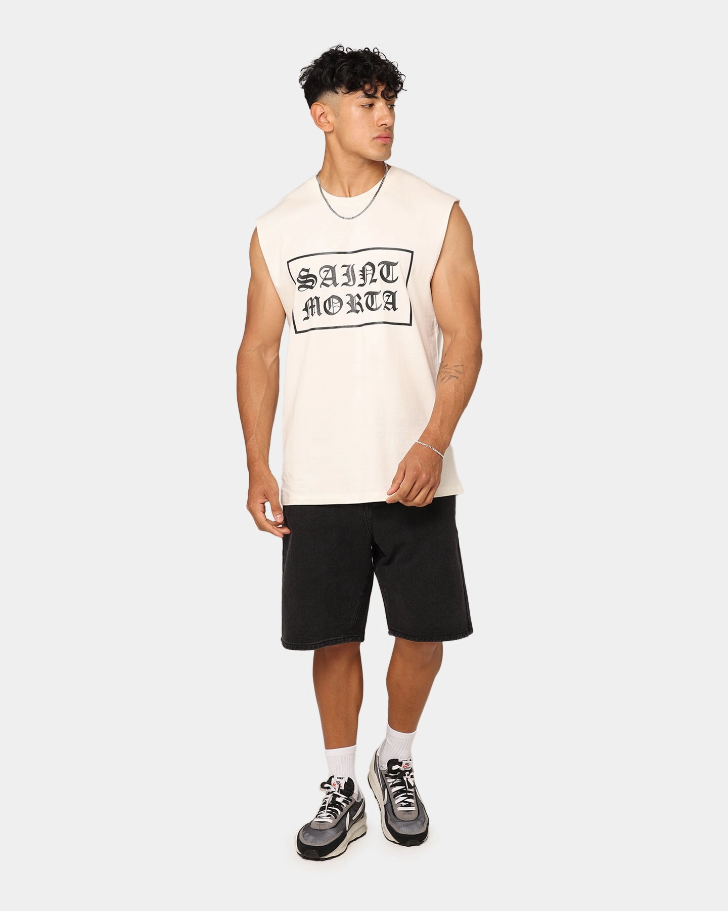 futuristic Saint Morta Gothic Box Logo Muscle T-Shirt Off White