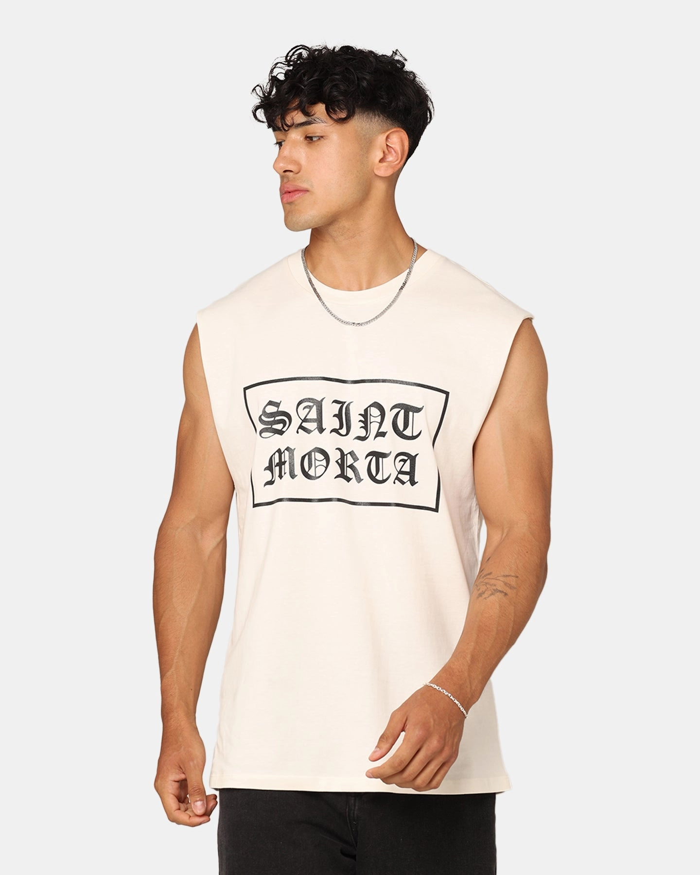 Saint Morta Gothic Box Logo Muscle T-Shirt Off White StretchComfortWeave Street Style