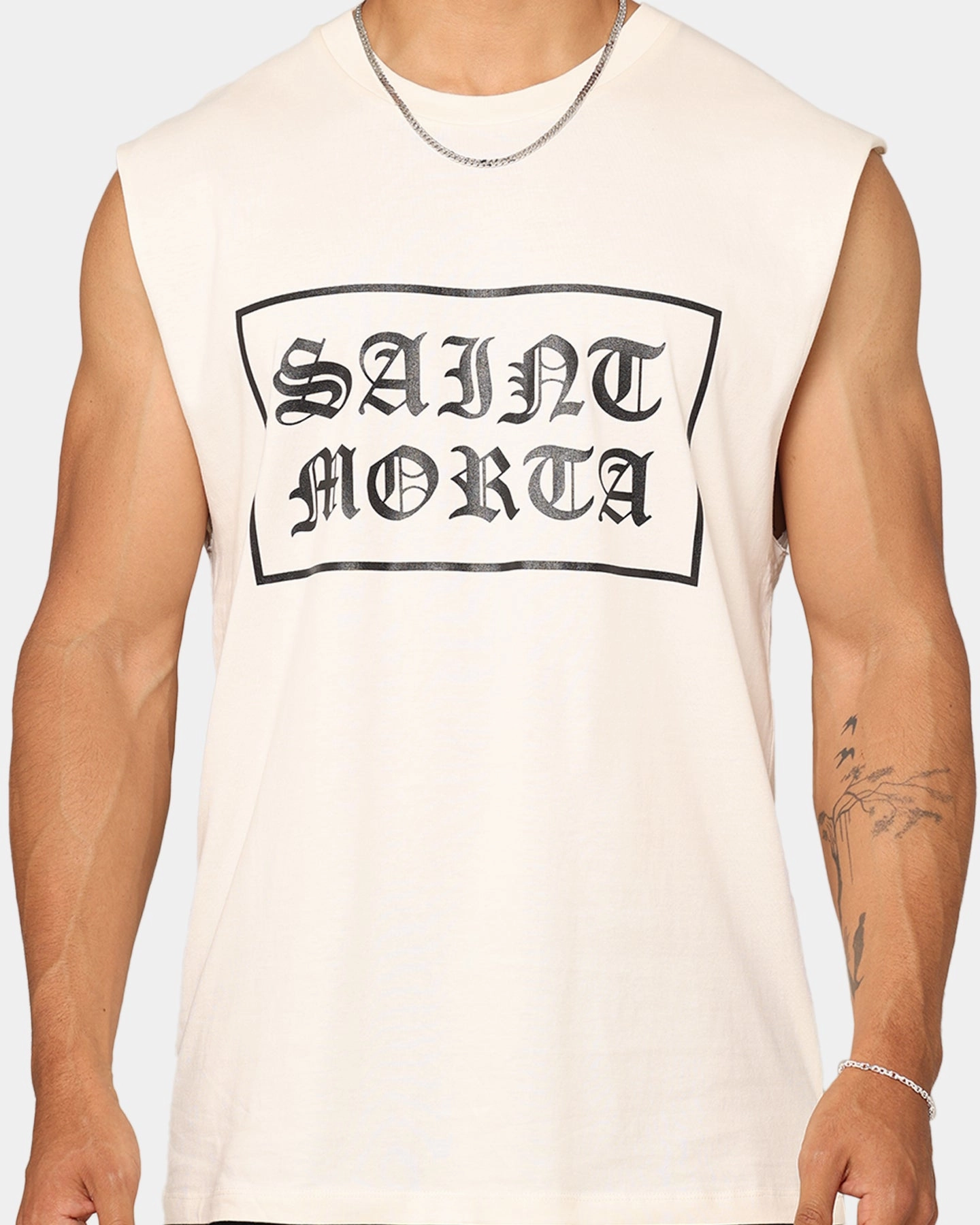 Saint Morta Gothic Box Logo Muscle T-Shirt Off White futuristic