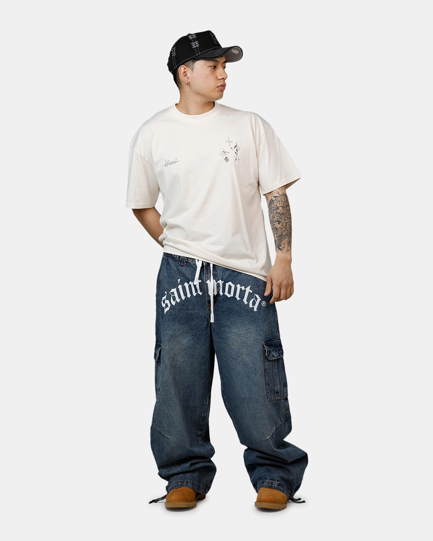 Saint Morta Gothic Denim Cargo Pants Dirty Denim Ripstop Fabric Technology