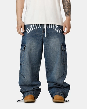 Saint Morta Gothic Denim Cargo Pants Dirty Denim Easy Match Quick Release Buckle
