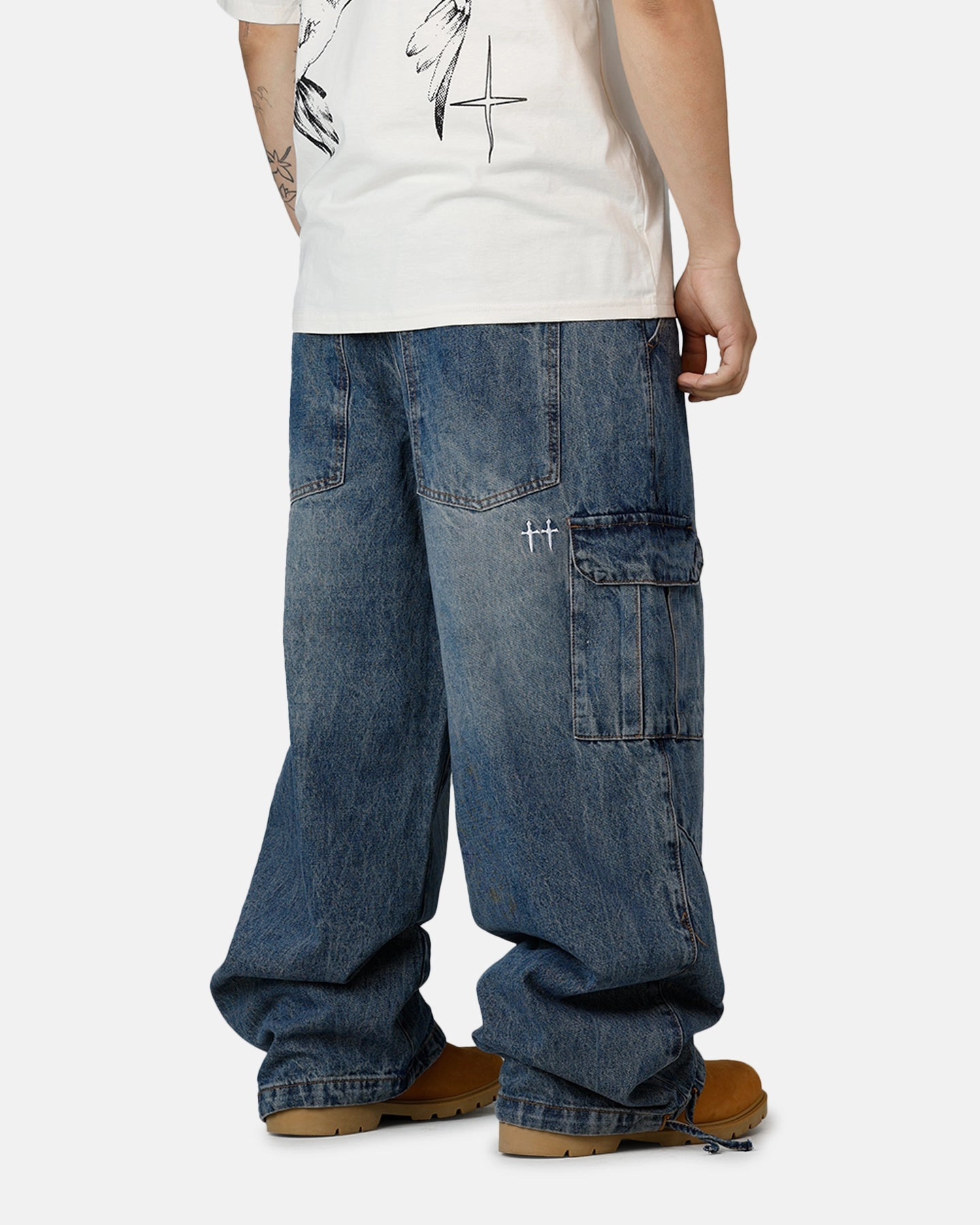 Saint Morta Gothic Denim Cargo Pants Dirty Denim ElasticCuffs Active Wear