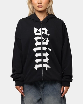 Worship Forget Saint Morta Gothic Distressed Zip Hoodie Black