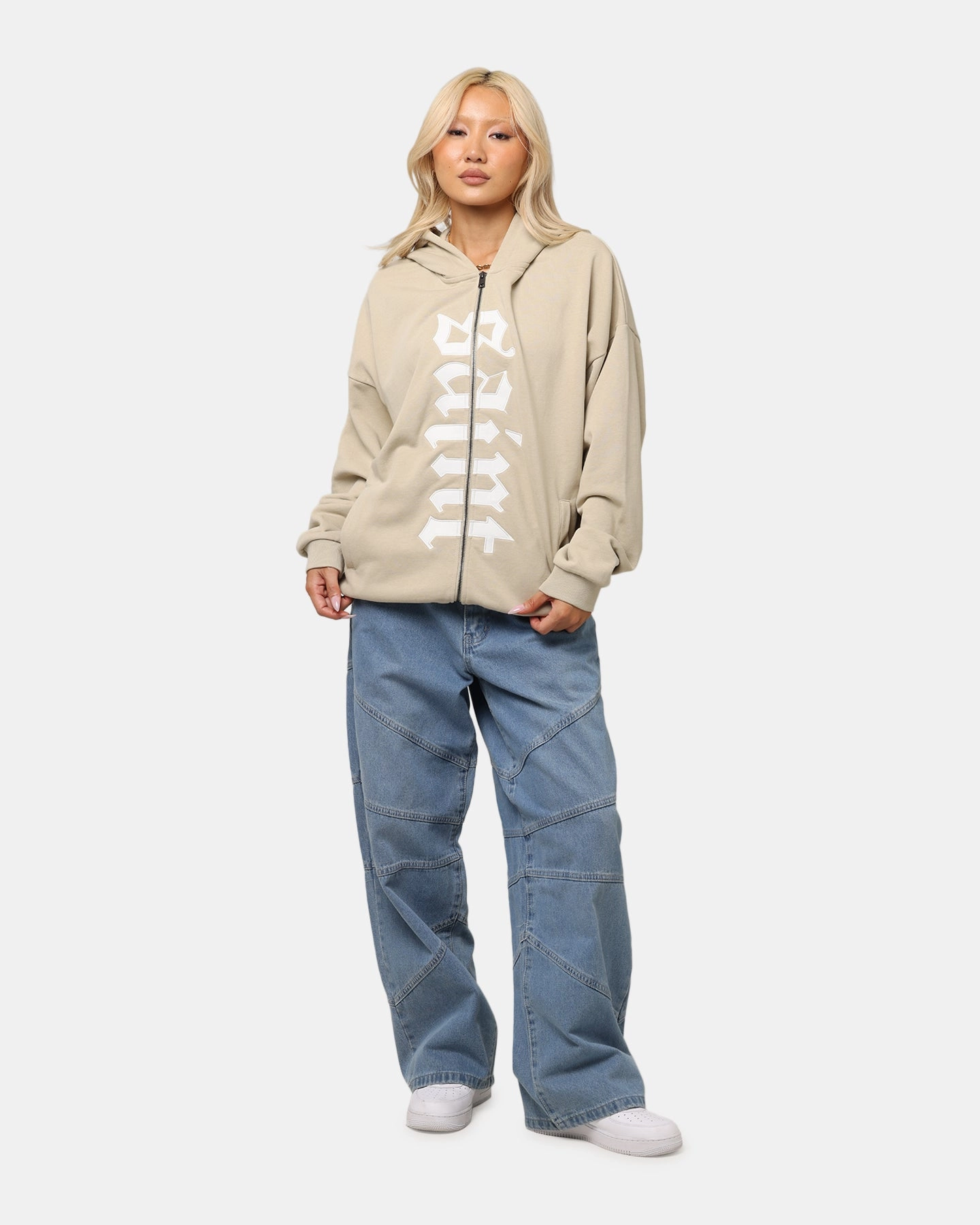 Ribbed Knit Cuffs Saint Morta Gothic Distressed Zip Hoodie Stone