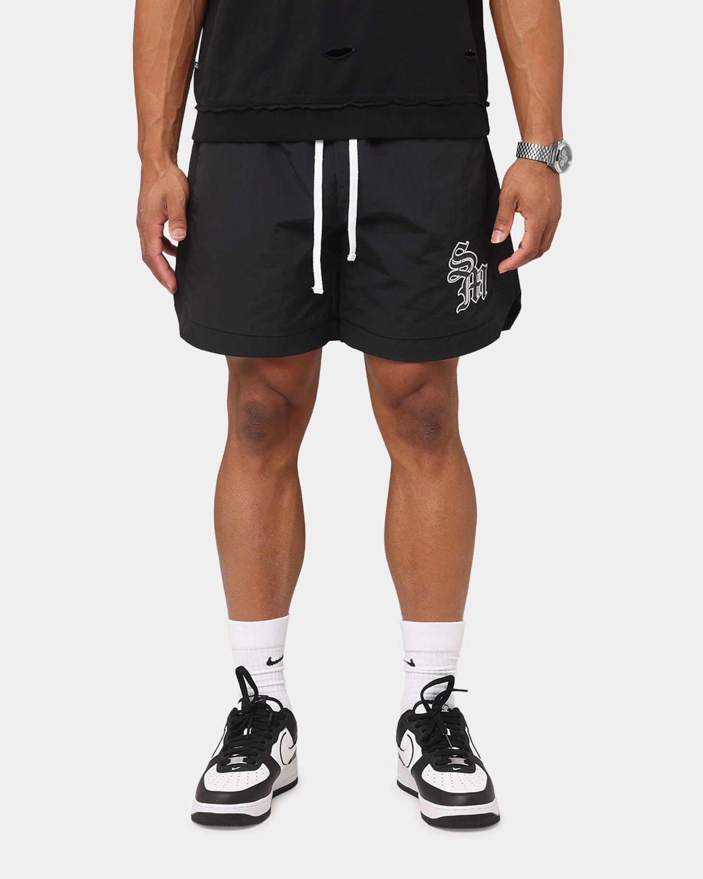 Saint Morta Gothic Monogram Nylon Shorts Black Street Chic Travel Essential