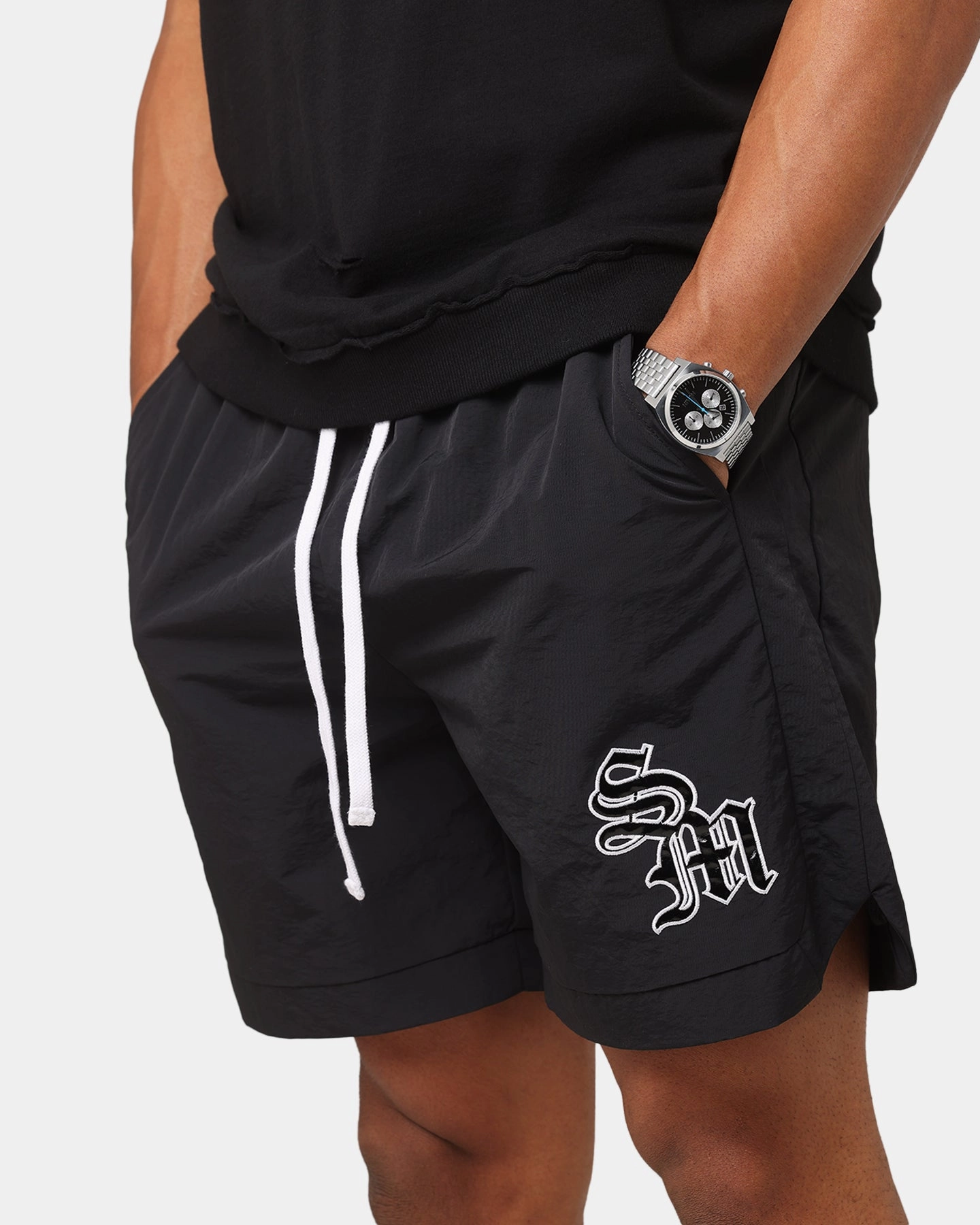 Cargo Pockets Saint Morta Gothic Monogram Nylon Shorts Black