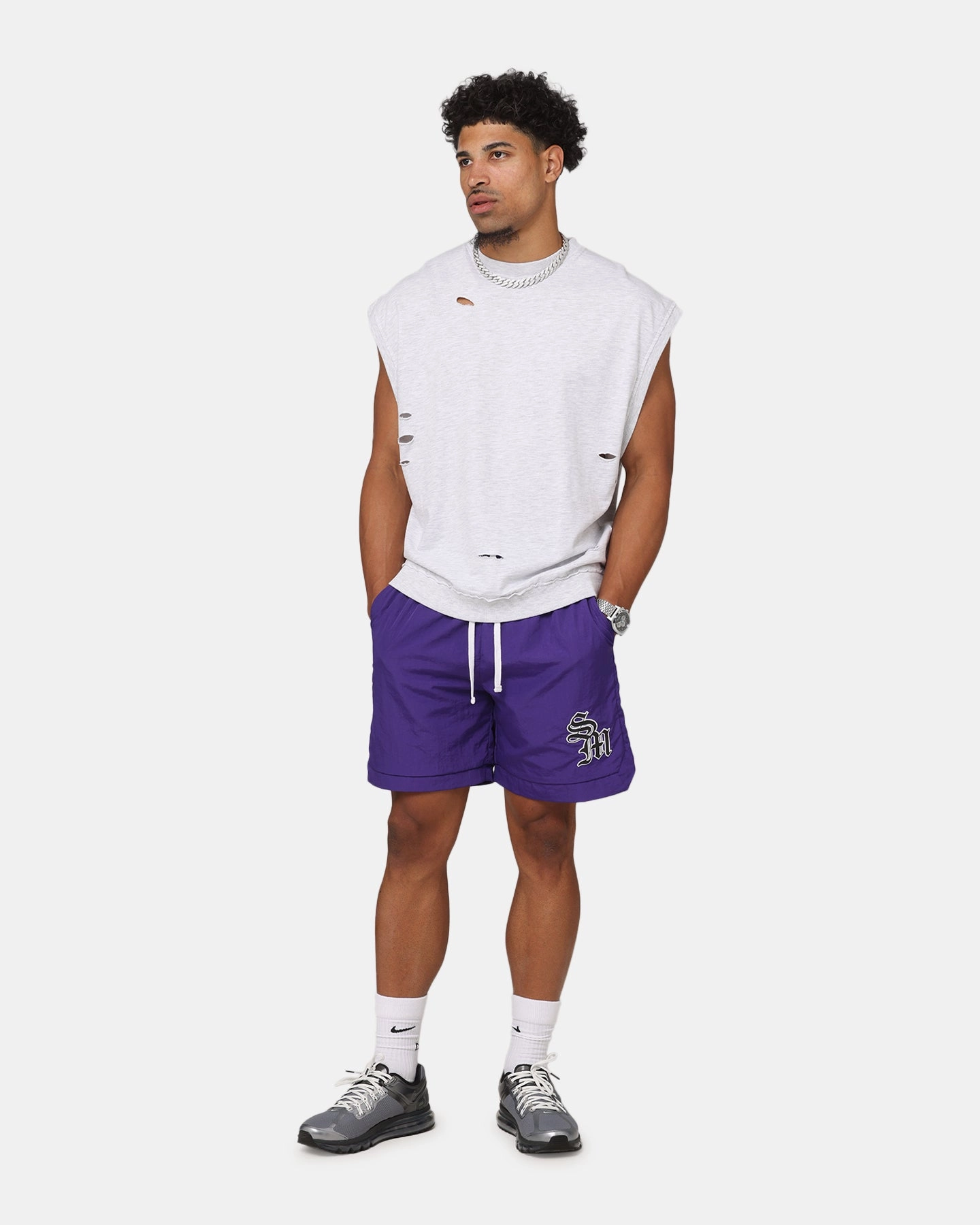 Saint Morta Gothic Monogram Nylon Shorts Purple sequined details technology industry