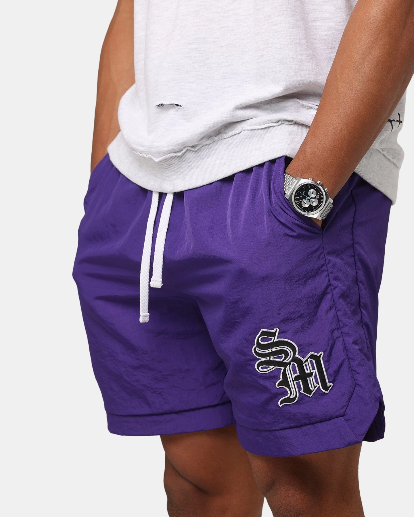 Saint Morta Gothic Monogram Nylon Shorts Purple anti slip grip